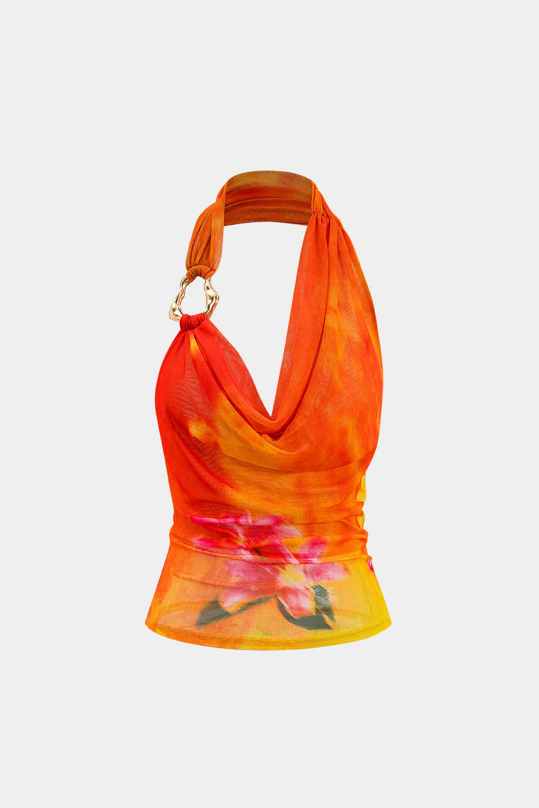 Floral Print Mesh Asymmetrical Ruched Cami Top - Weenar