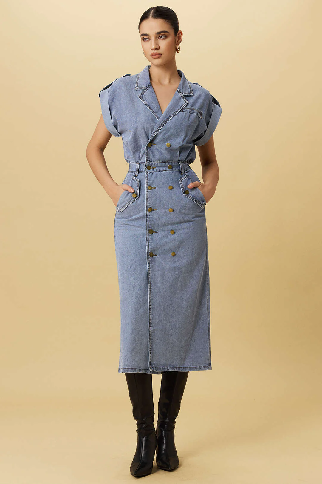 Denim Button Shirred Short Sleeve Dress - Weenar