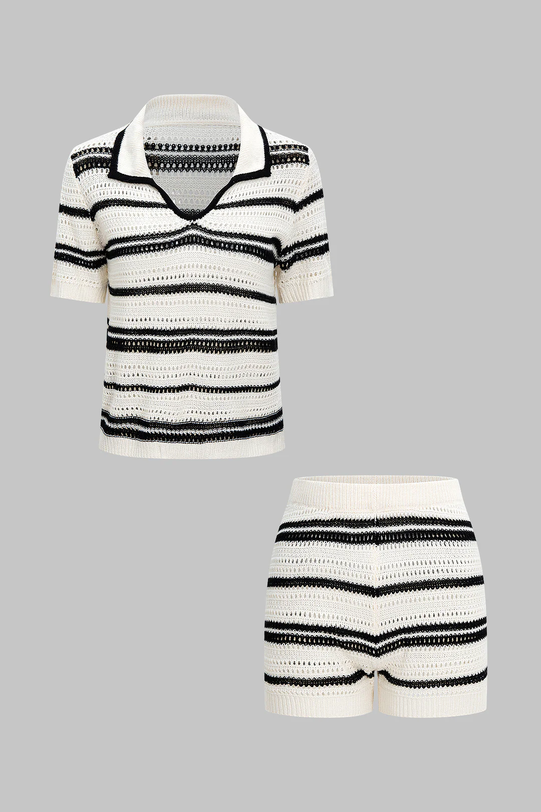 Knit Crochet Contrast Short Sleeve And Shorts Set - Weenar