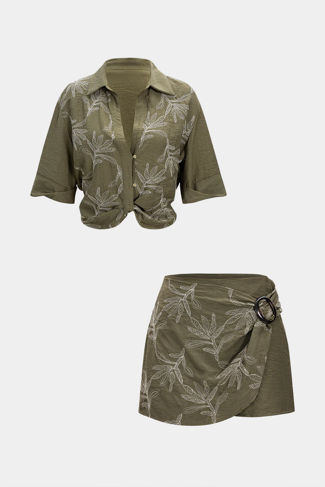 Embroidered Ruched Short Sleeve Shirt - Weenar