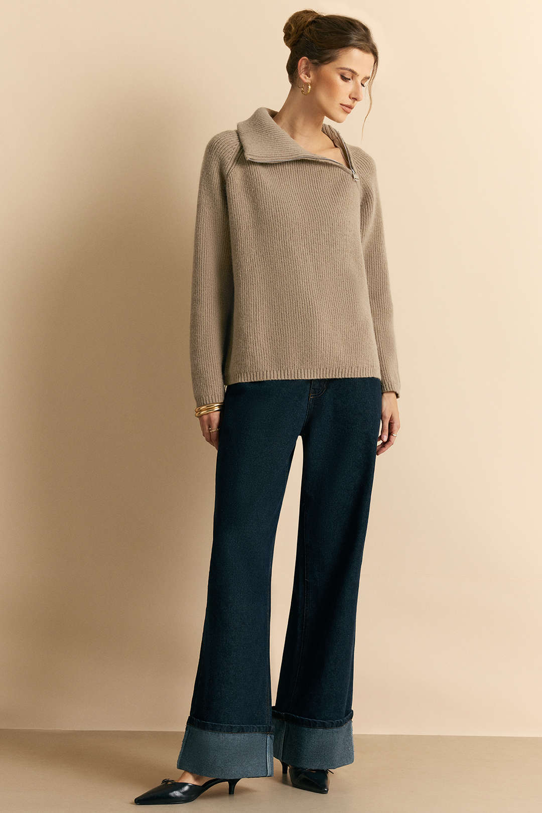 Knit Zipper Turn-Down Collar Long-Sleeve Top - Weenar