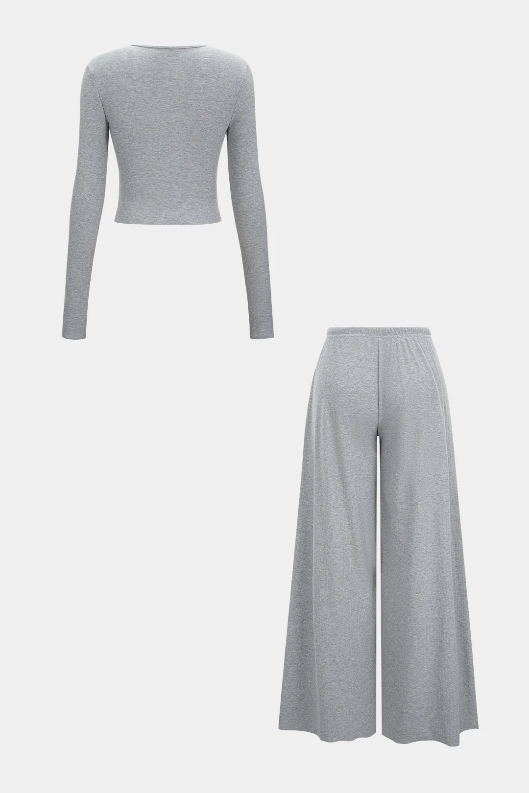 Solid Button Long-Sleeve Top And Drawstring Wide-Leg Pants Set - Weenar