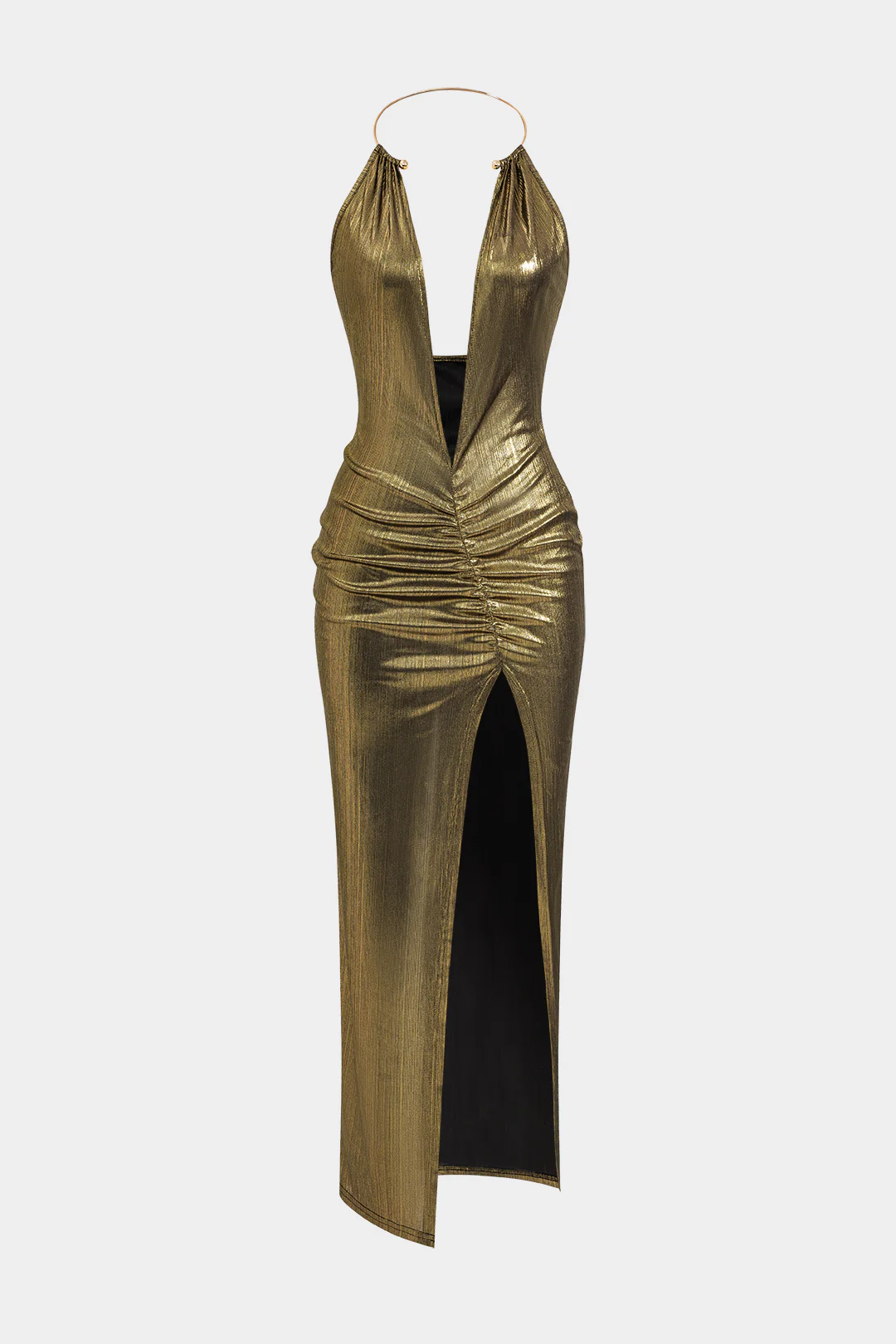 Metallic Ring Ruched Backless Slit Midi Dress - Weenar
