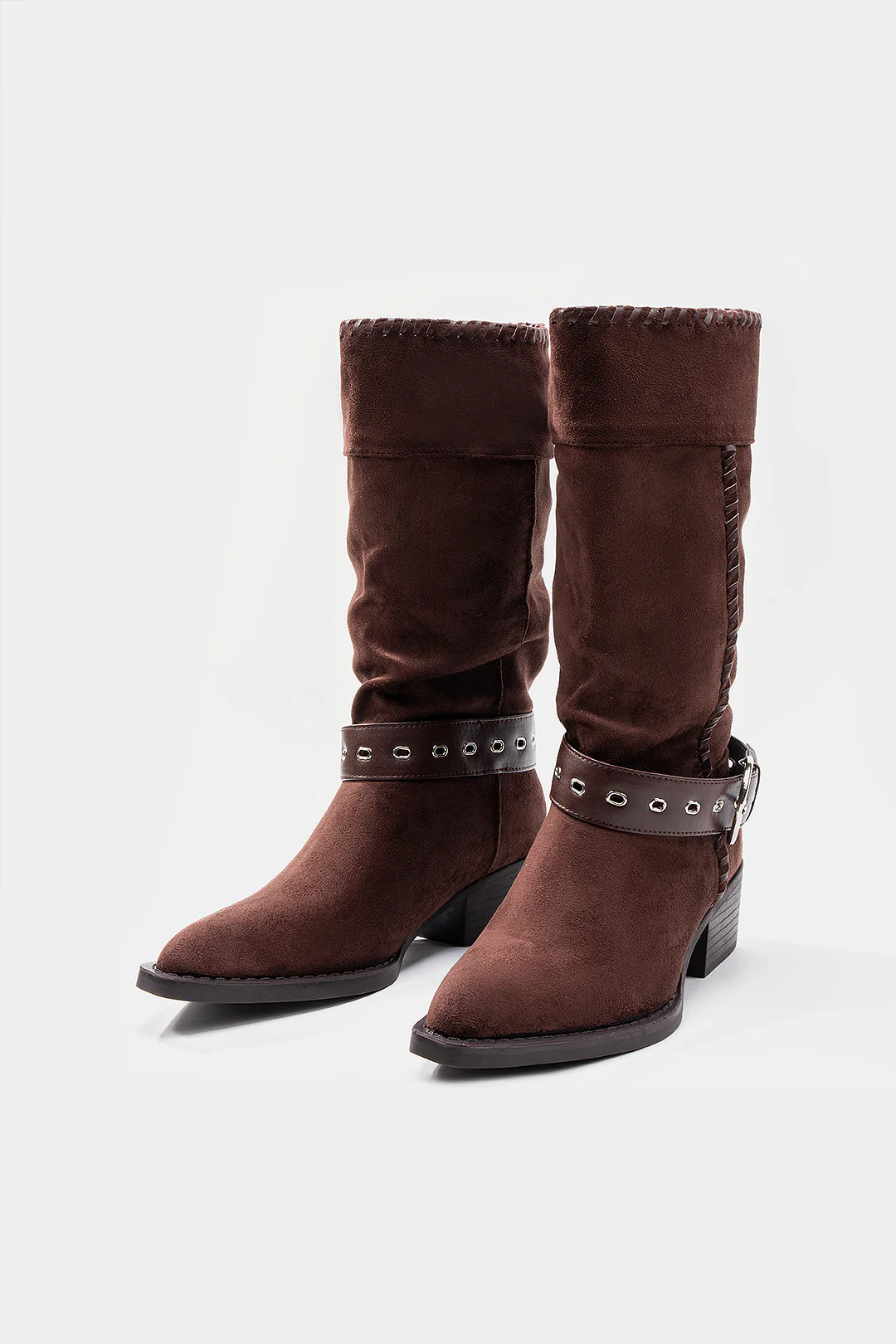 Suede Belted Buckle Pointed Mid Calf Boots - Weenar