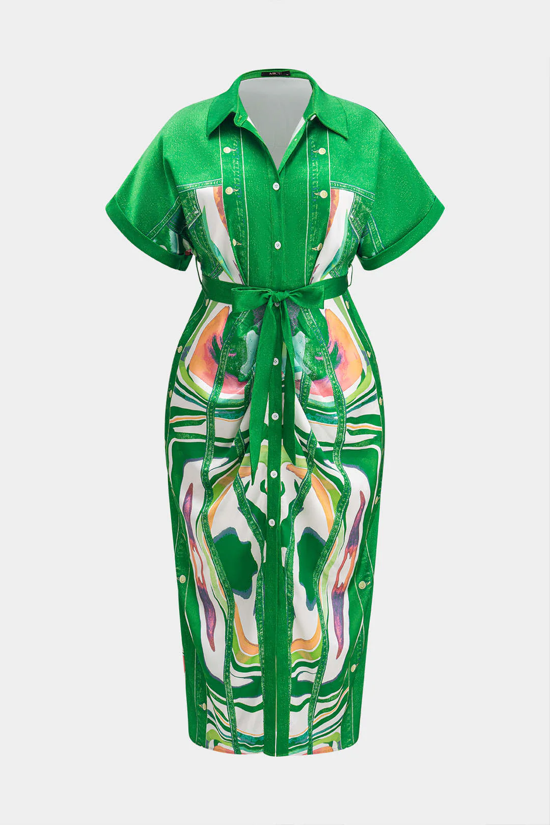 Plus Size Abstract Print Satin Tie Front Button Ruched Short Sleeve Midi Dress - Weenar