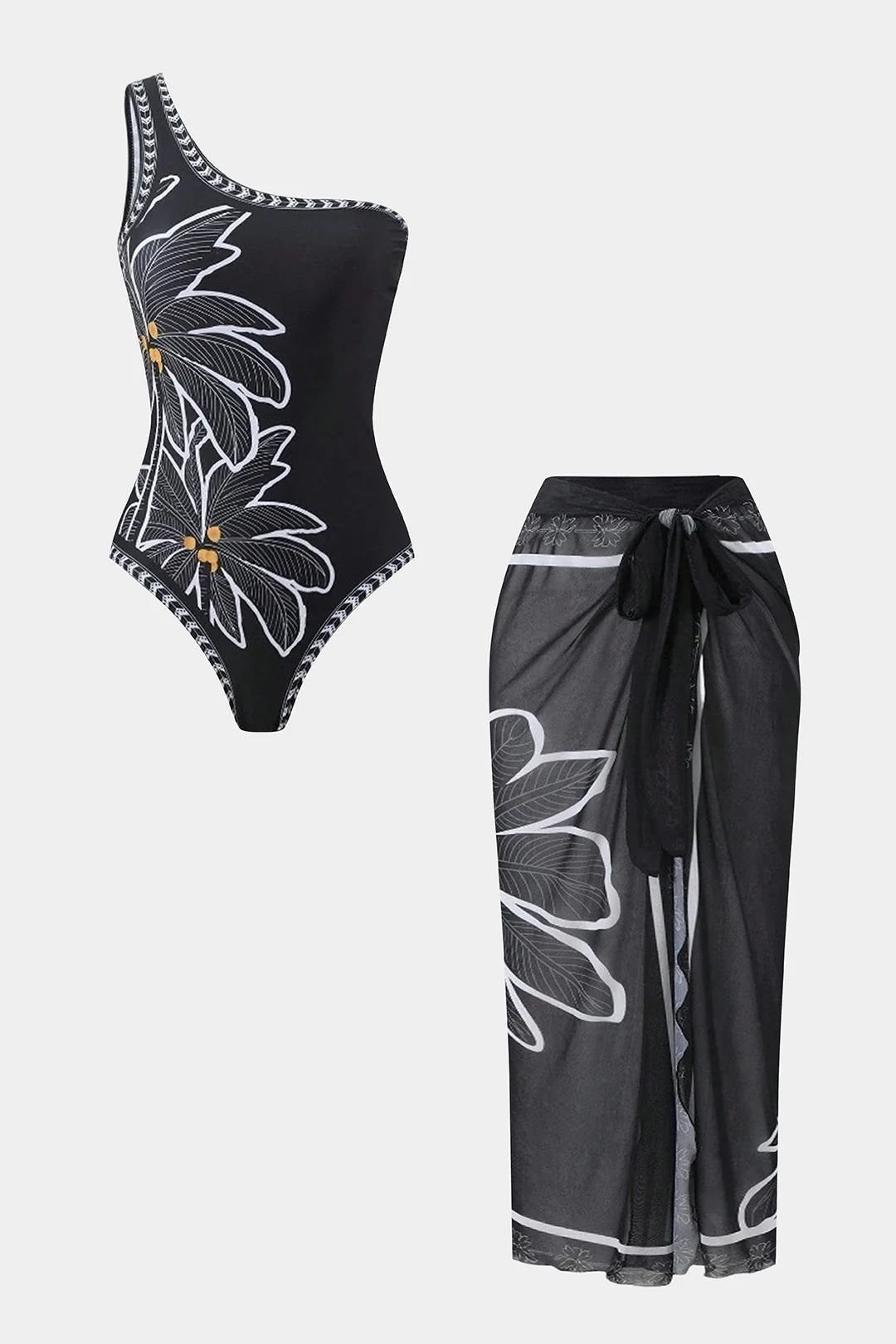 Floral Print Chiffon Patchwork One Shoulder Tie-Up Bikini Set - Weenar
