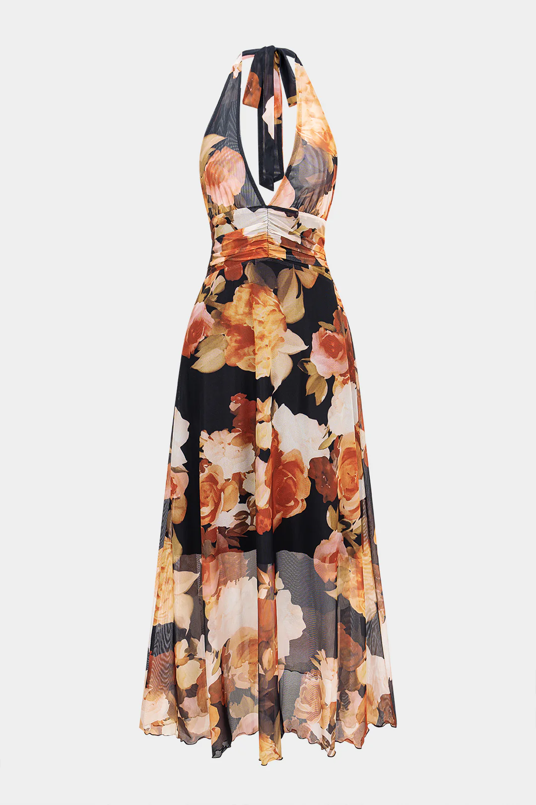 Floral Print Mesh Halter V-Neck Tie Back Backless Sleeveless Maxi Dress - Weenar