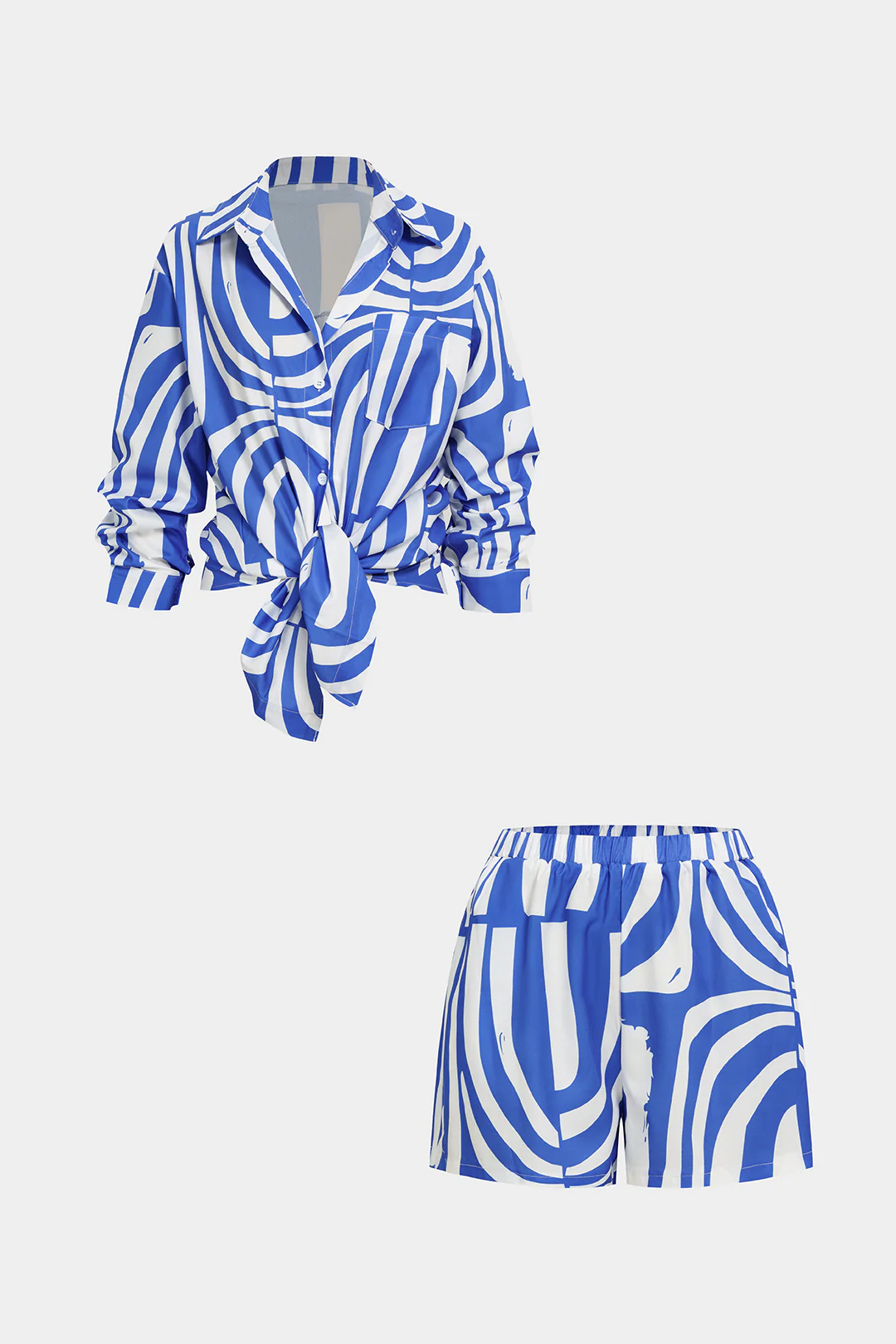 Abstract Print Lapel Long Sleeve Shirt And Shorts Set - Weenar