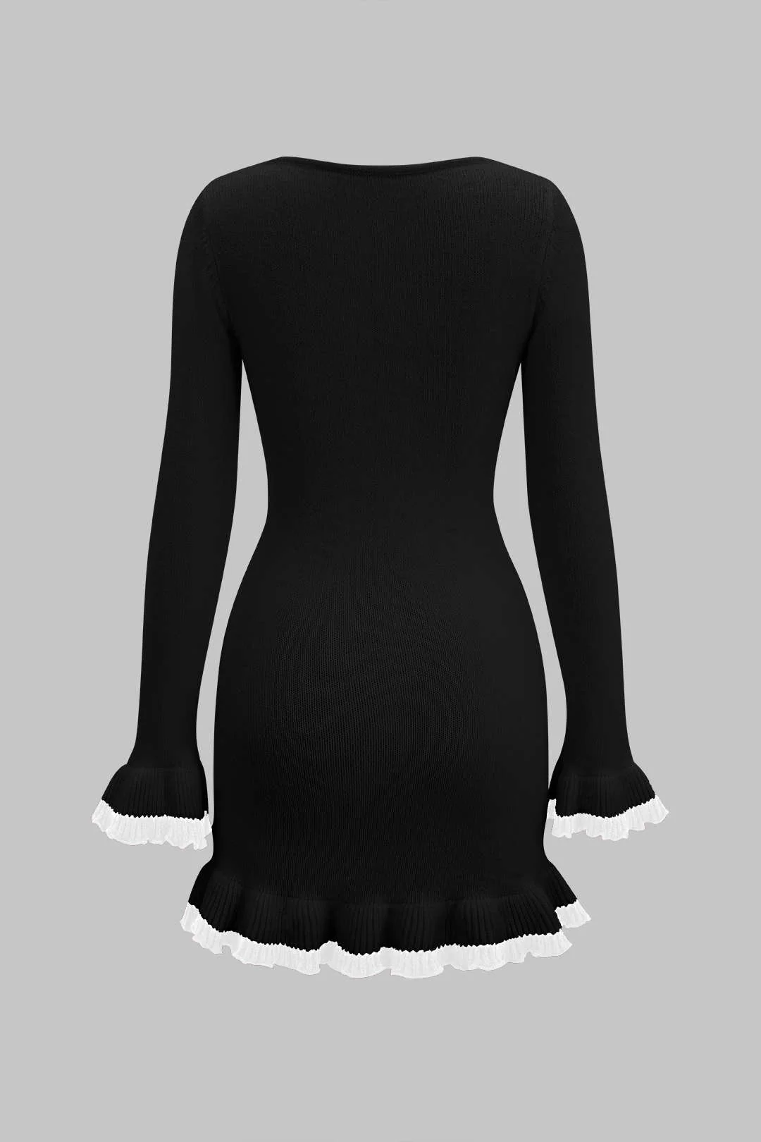 Knit Contrast Ruffle Binding Long Sleeve Dress - Weenar