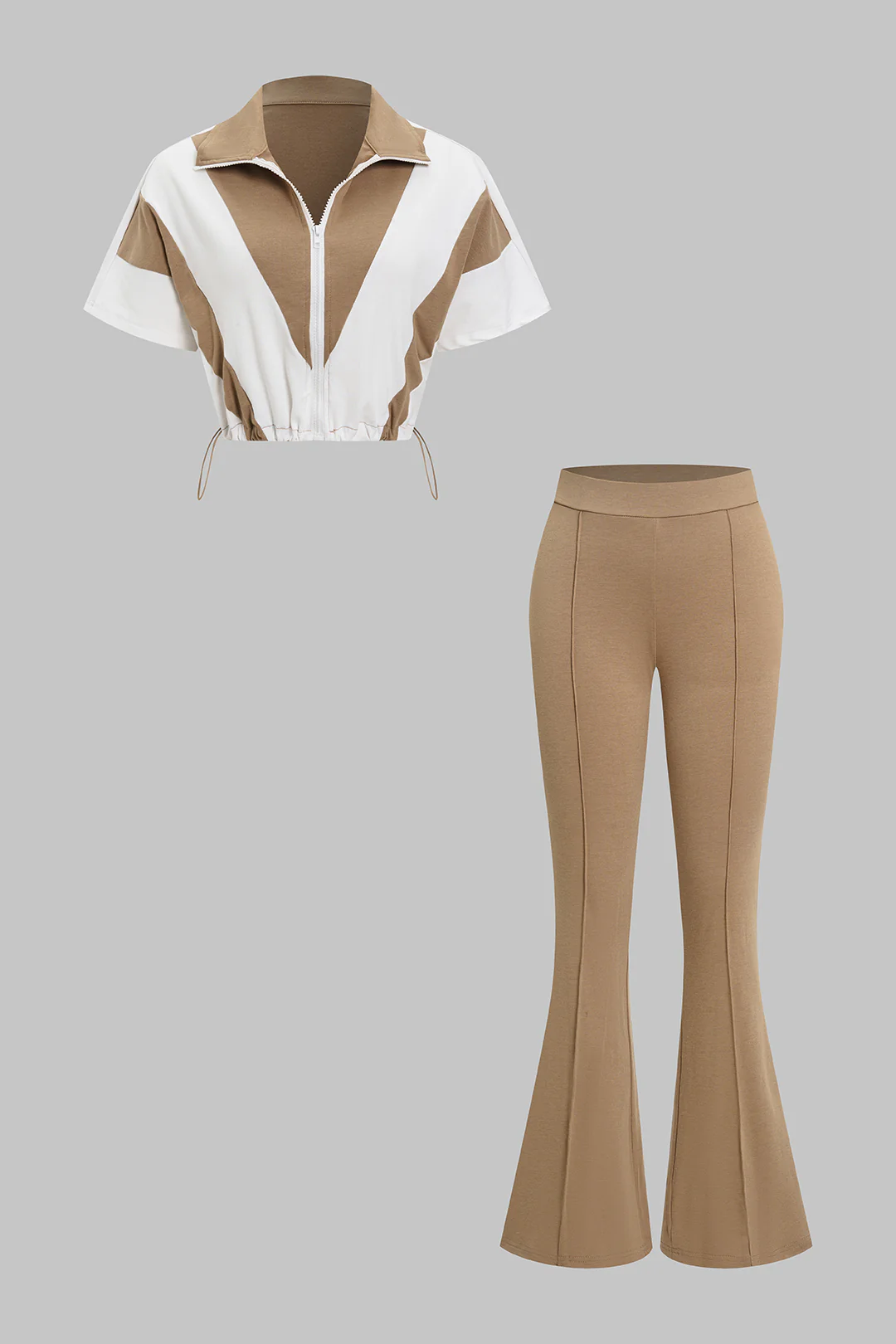 Contrast Print Lapel Drawstring Short Sleeve Top And Pants Set - Weenar