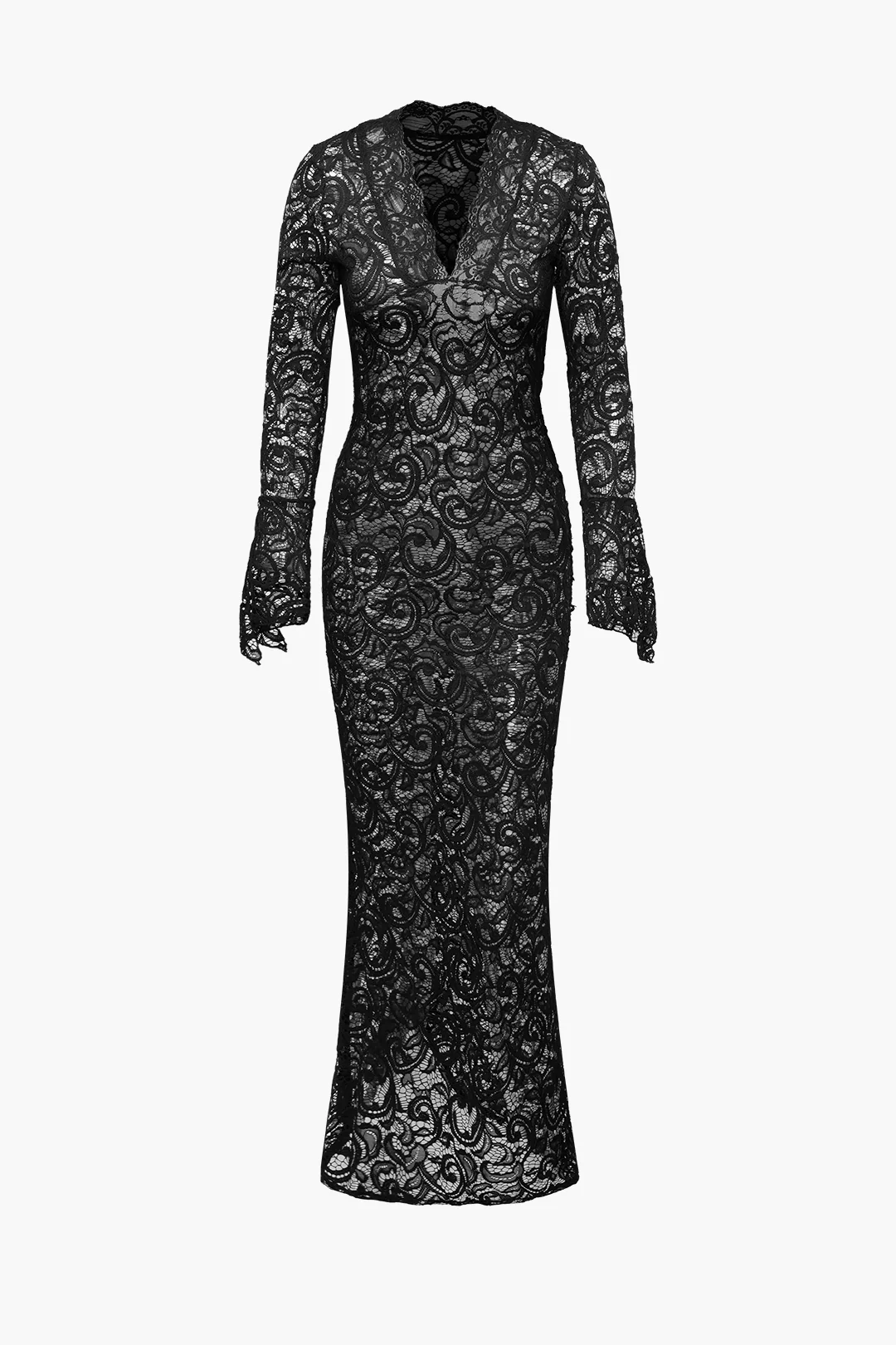 Lace V-Neck Shell Long Sleeve Maxi Dress - Weenar