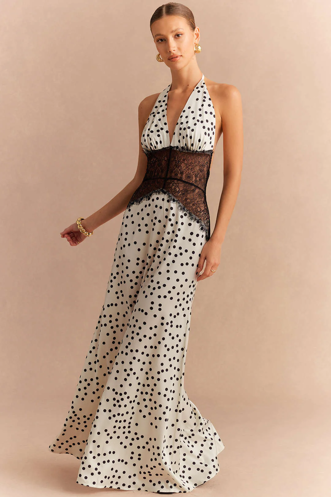 Polka Dots Print Satin Patchwork Lace Halter V-Neck Backless Sleeveless Maxi Dress - Weenar