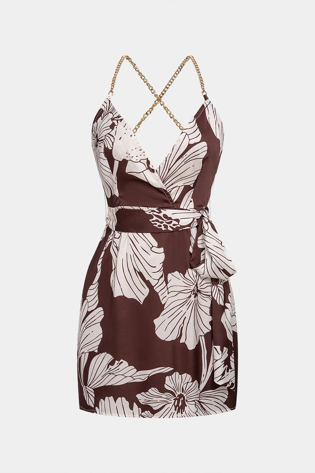 Floral Print Satin V-Neck Tie-Up Crossed Backless Sleeveless Mini Dress - Weenar