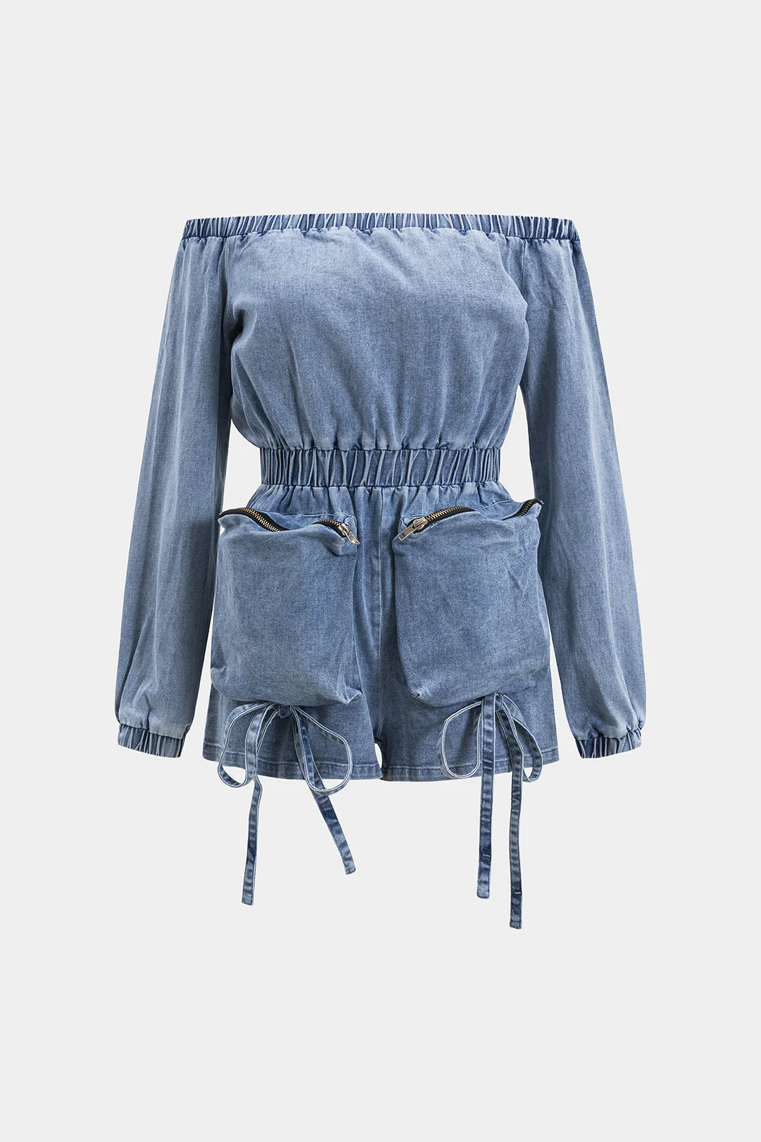 Denim Off Shoulder Shirred Zipper Pocket Long Sleeve Jumpsuit - Weenar