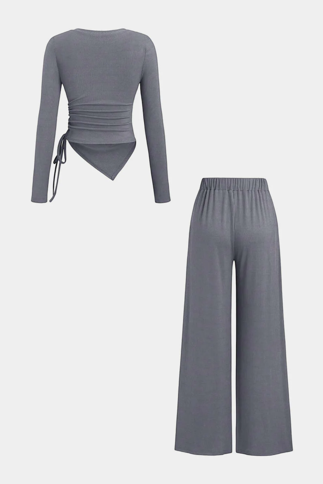Drawstring V-Neck Ruched Long-Sleeve Top And Wide Leg Pants Set - Weenar