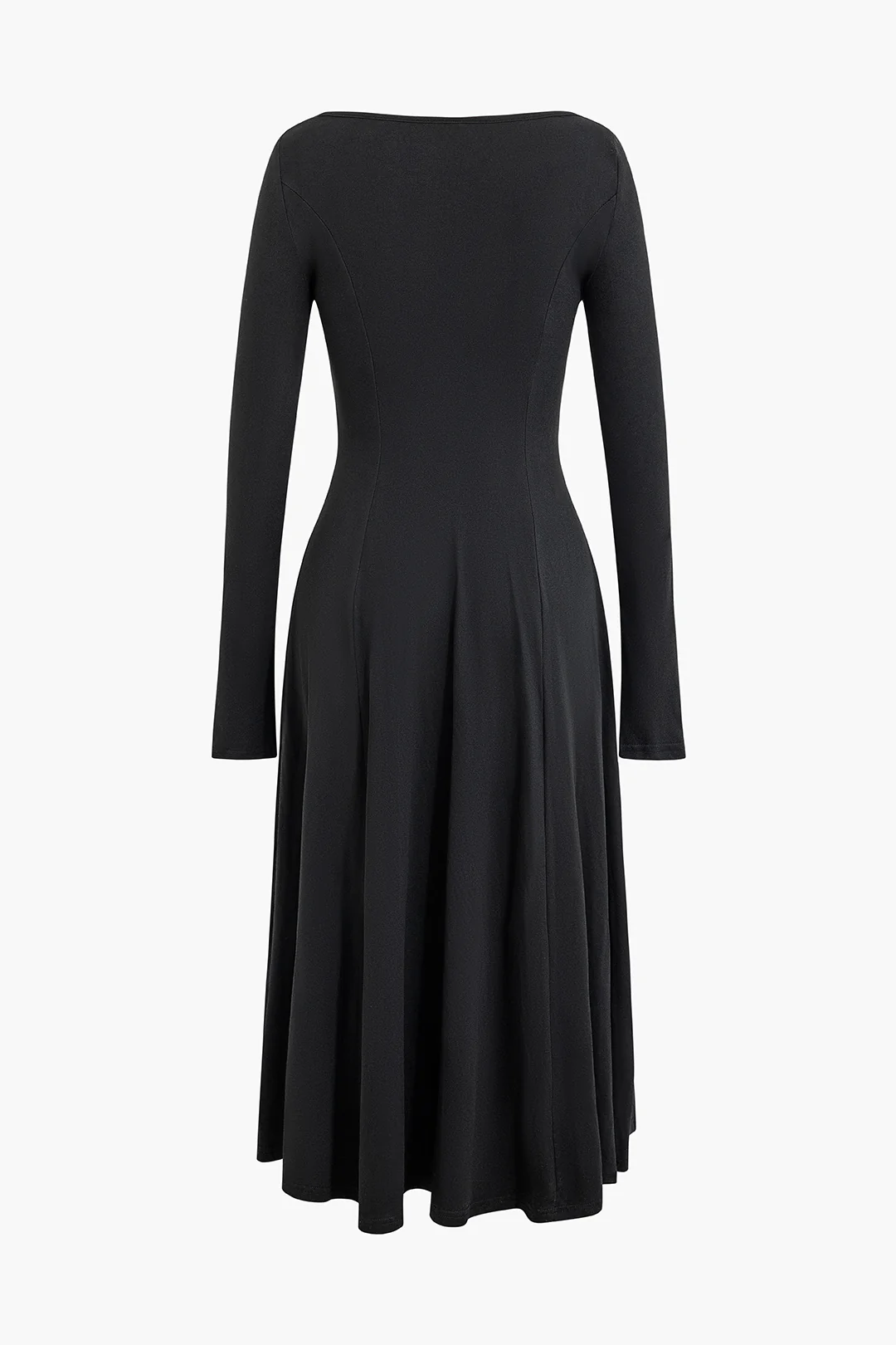 Solid U Neck Long Sleeve Midi Dress - Weenar