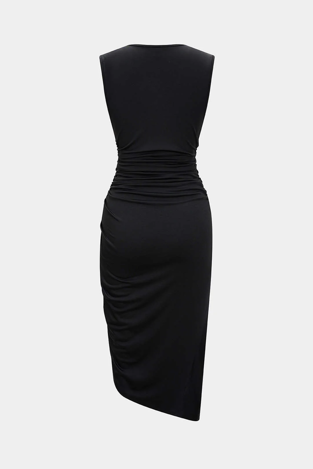 Ruched V-Neck Slit Asymmetrical Sleeveless Midi Dress - Weenar