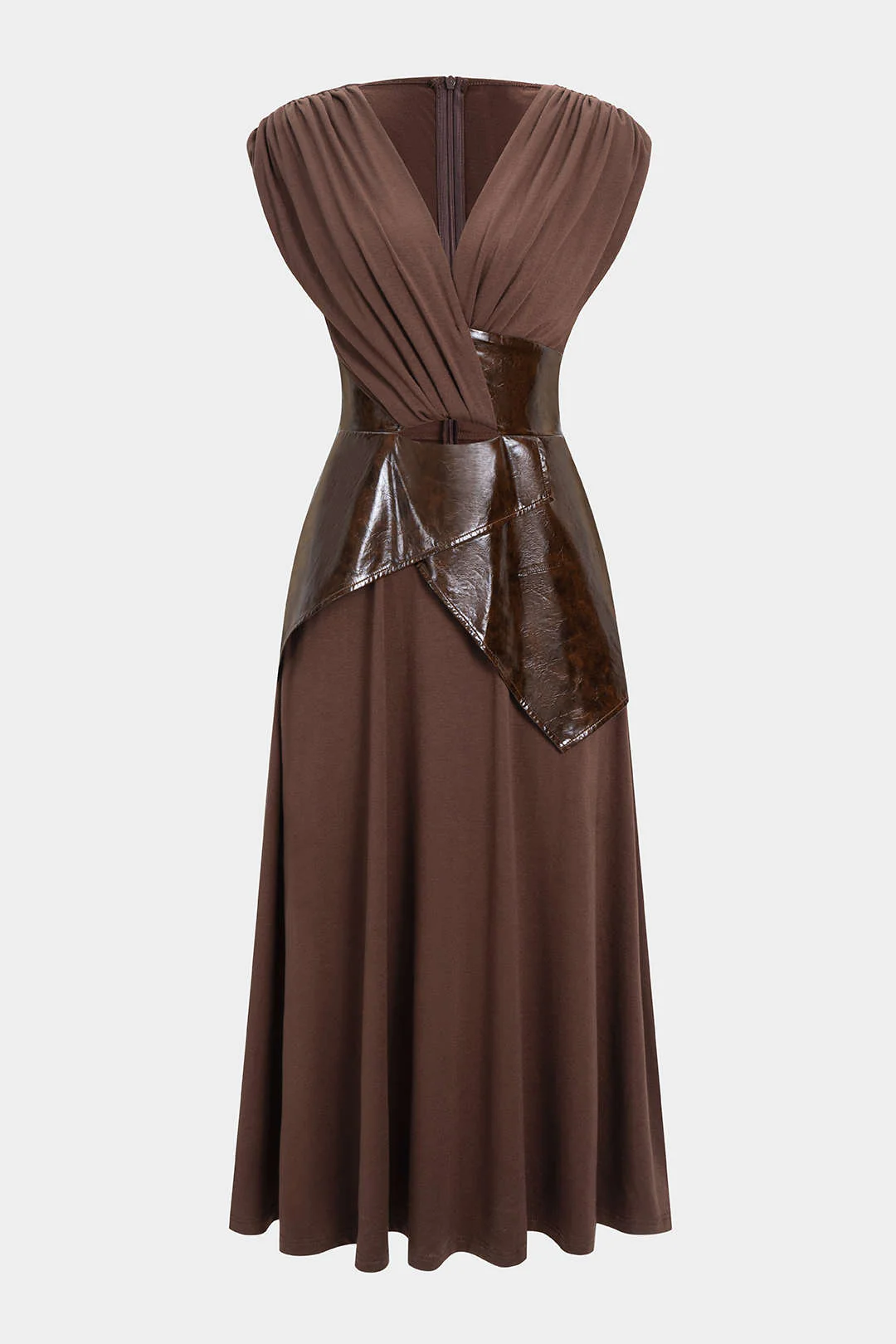 Faux Leather Patchwork Ruched Short-Sleeve Maxi Dress - Weenar