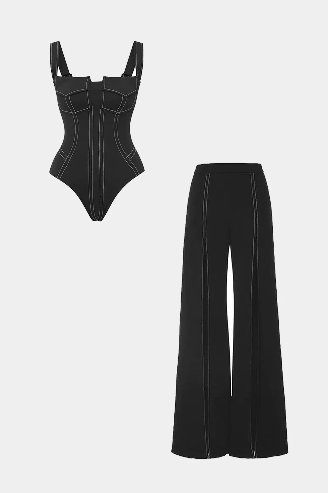 Stitching Bodysuit And Wide Leg Trousers Set - Weenar
