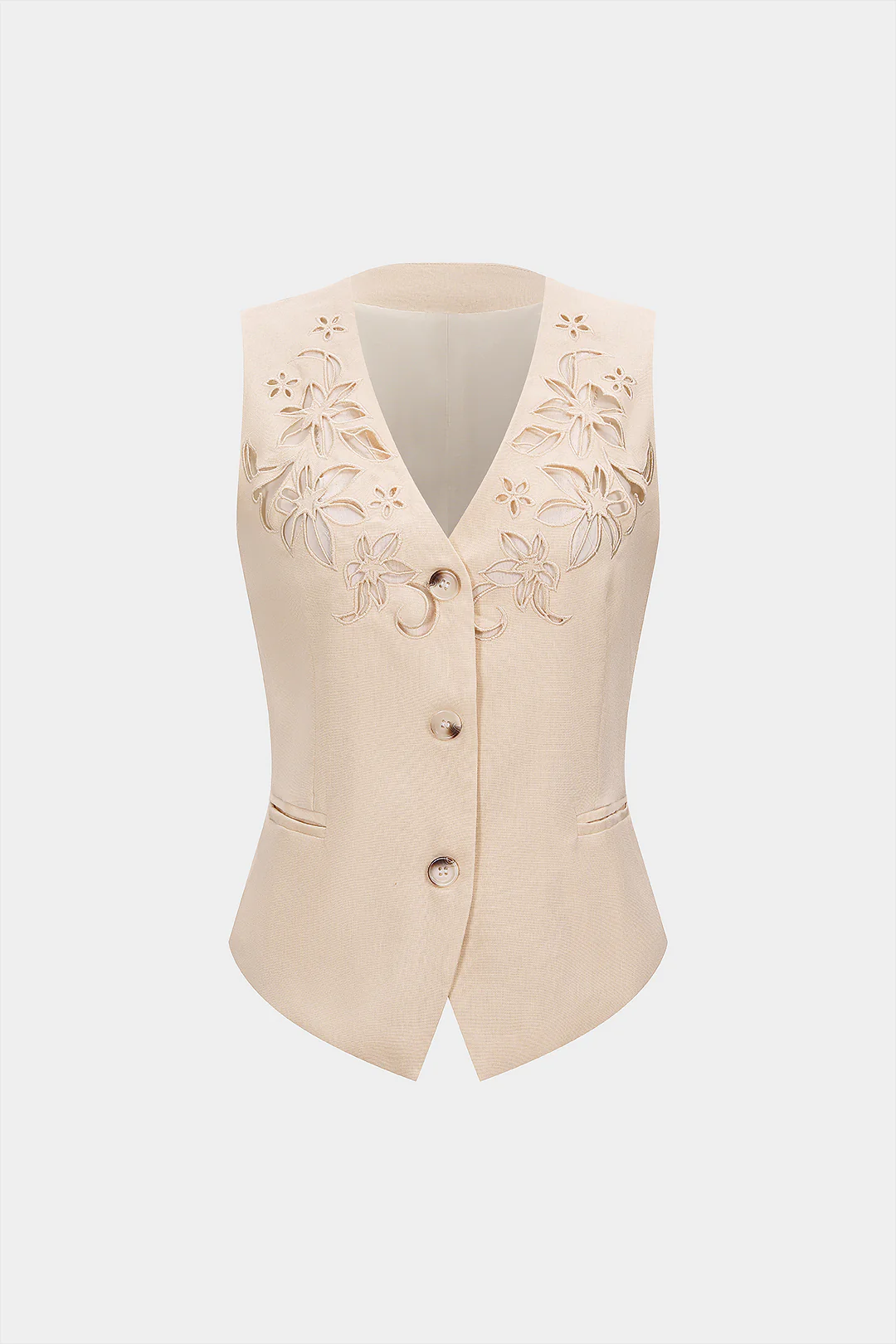 Solid V-Neck Cut Out Embroidery Vest - Weenar