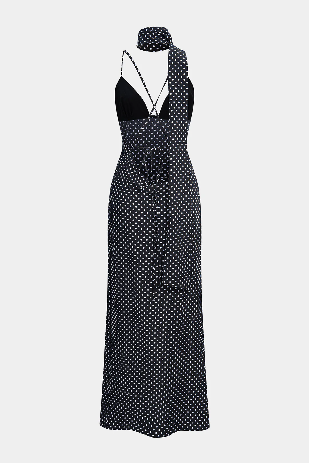 Polka Dots Print Crossed Tie Up Backless Slip Sleeveless Maxi Dress With Scarf - Weenar