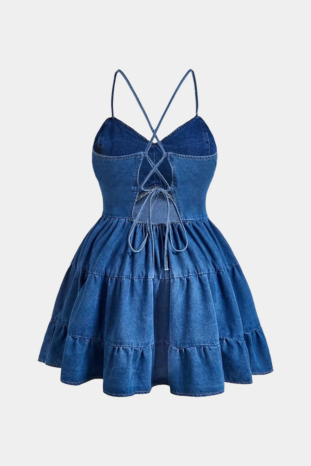 Plus Size Denim Crossed Blackless Ruched Sleeveless Dress - Weenar
