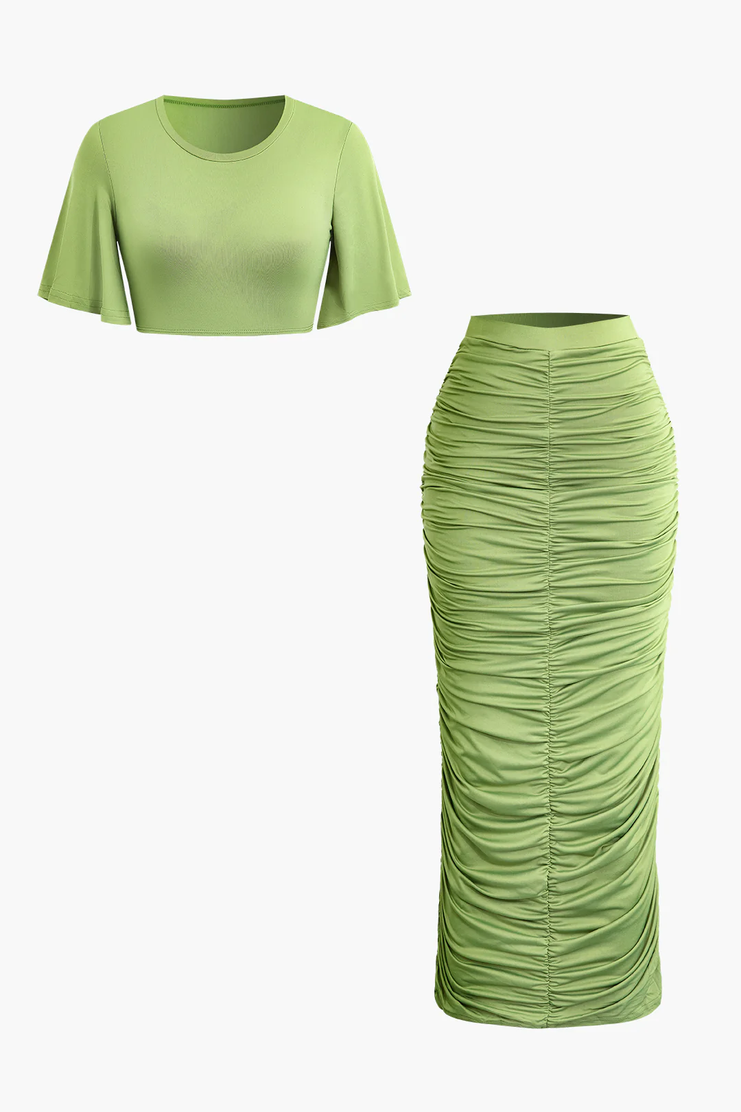 Round Neck Ruffle Sleeves Top And Ruched High-Waisted Skirt Set - Weenar