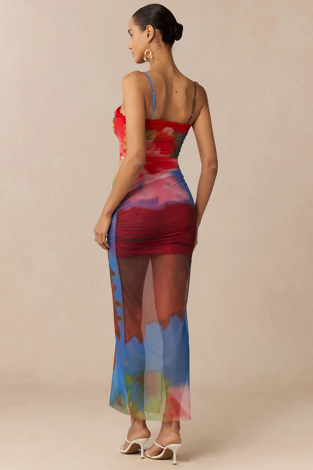 Multicolor Abstract Print Mesh Patchwork Lace Trim Asymmetrical Ruched Sleeveless Maxi Dress - Weenar
