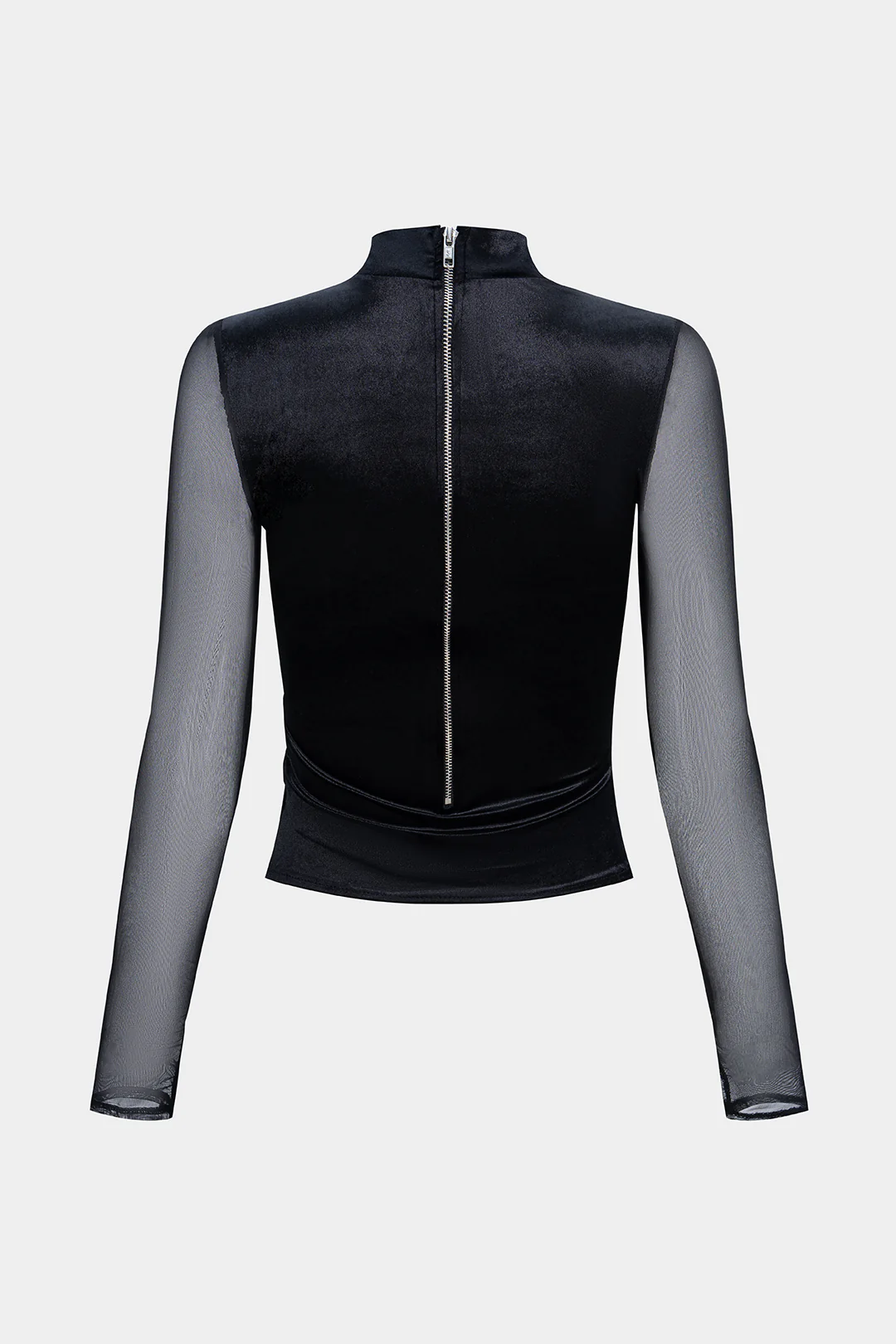 Mesh Patchwork Velvet Mock Neck Asymmetrical Cut Out Long-Sleeve Top - Weenar