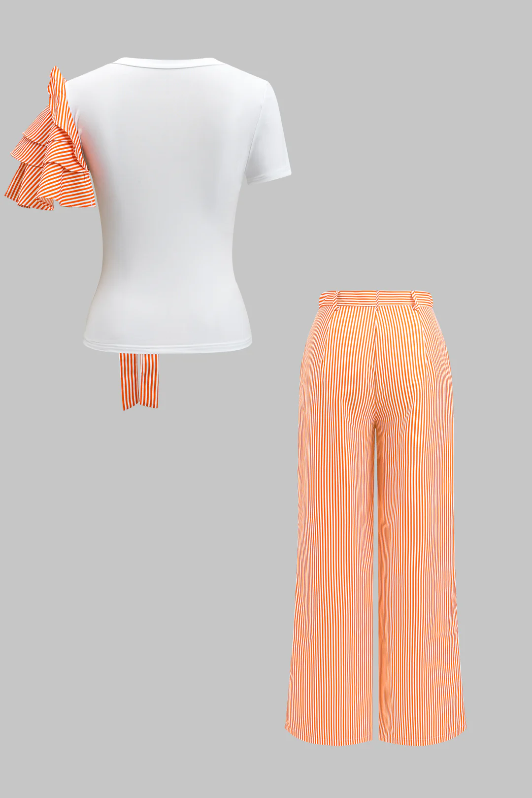 Stripe Print 3D Floral Short Sleeve Top And Button Wide Leg Trousers Set - Weenar