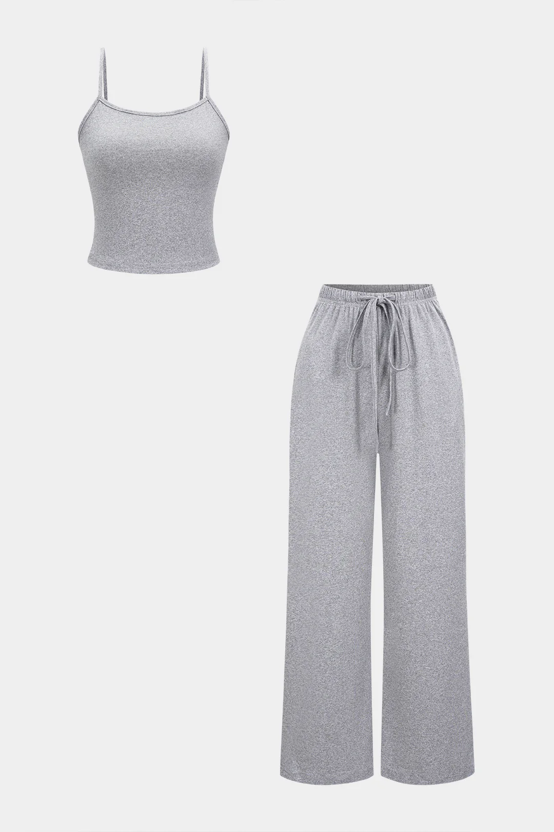 Solid Basic Cropped Cami Top And Drawstring Wide Leg Pants Set - Weenar