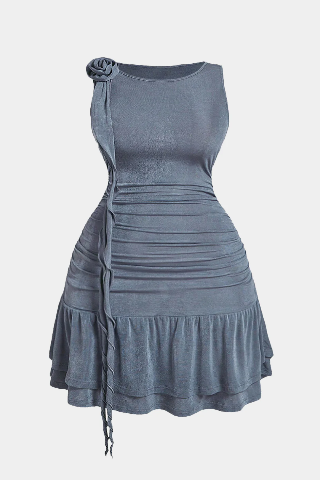Plus Size Ruffle Ruched 3D Floral Sleeveless Mini Dress - Weenar