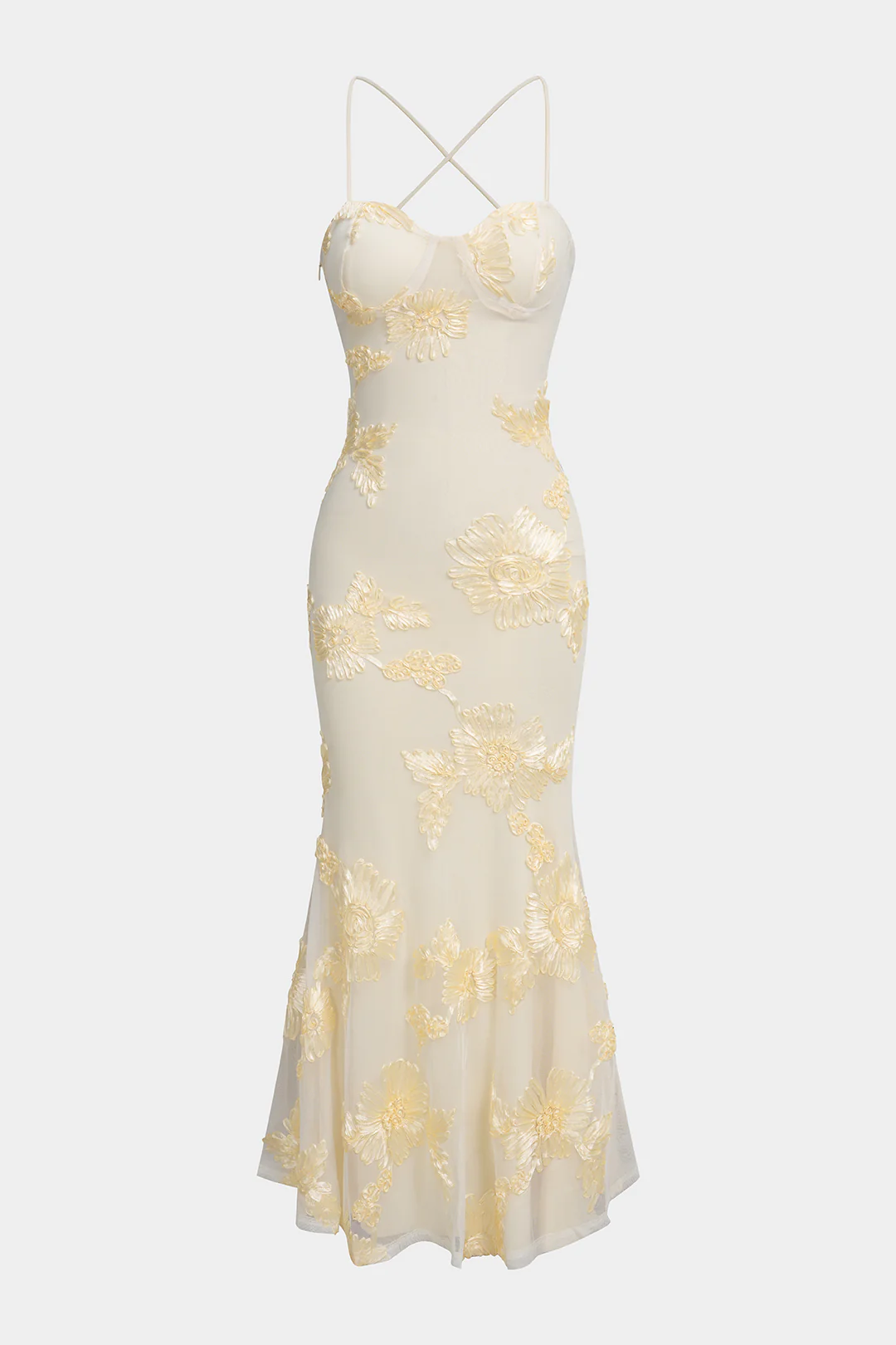 Floral Embroidery Mesh Patchwork Bustier Crossed Tie-Up Backless Sleeveless Maxi Dress - Weenar