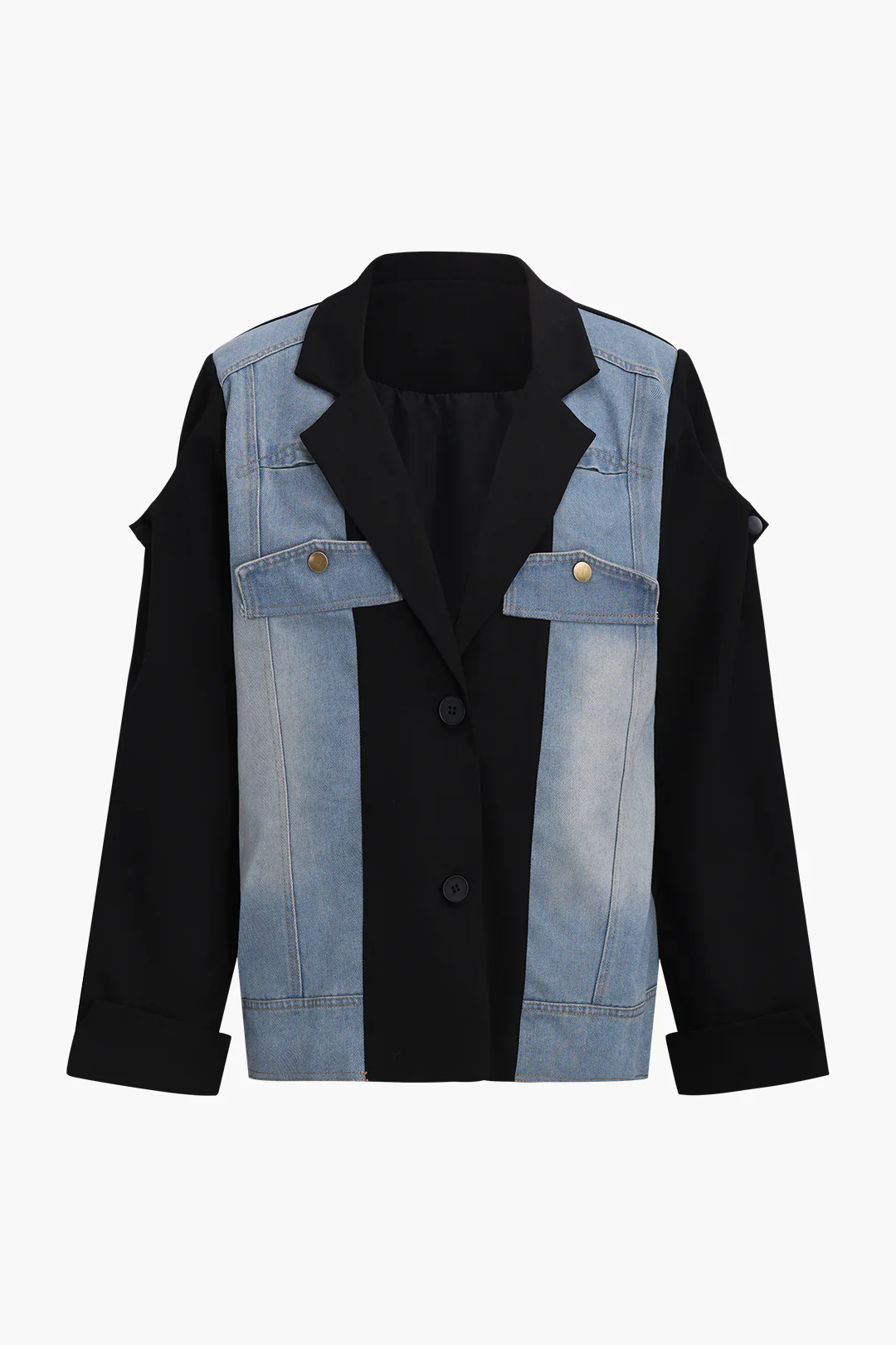 Denim Patchwork Notched Lapel Outerwear - Weenar