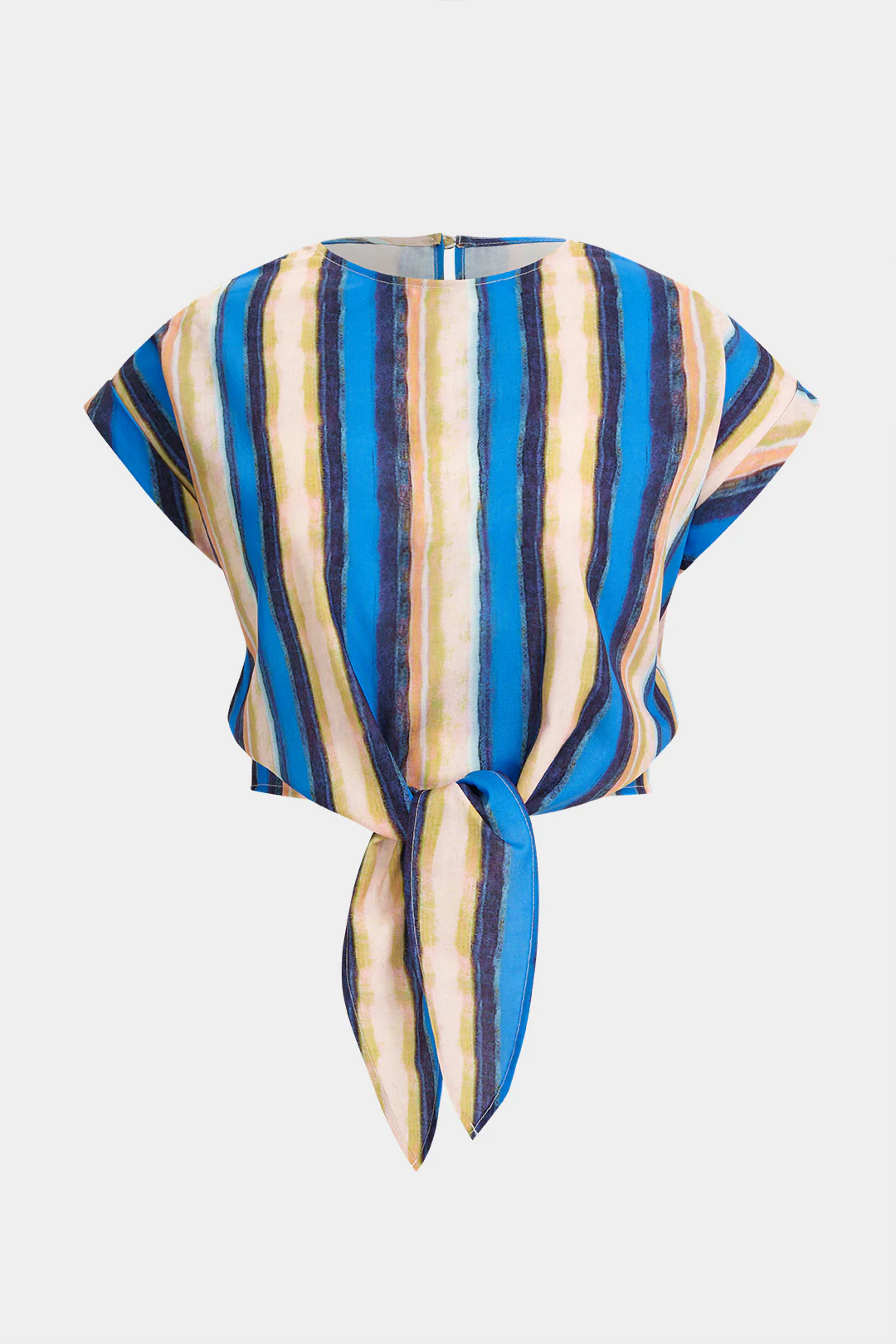 Plus Size Stripes Print Round Neck Tie Front Top - Weenar