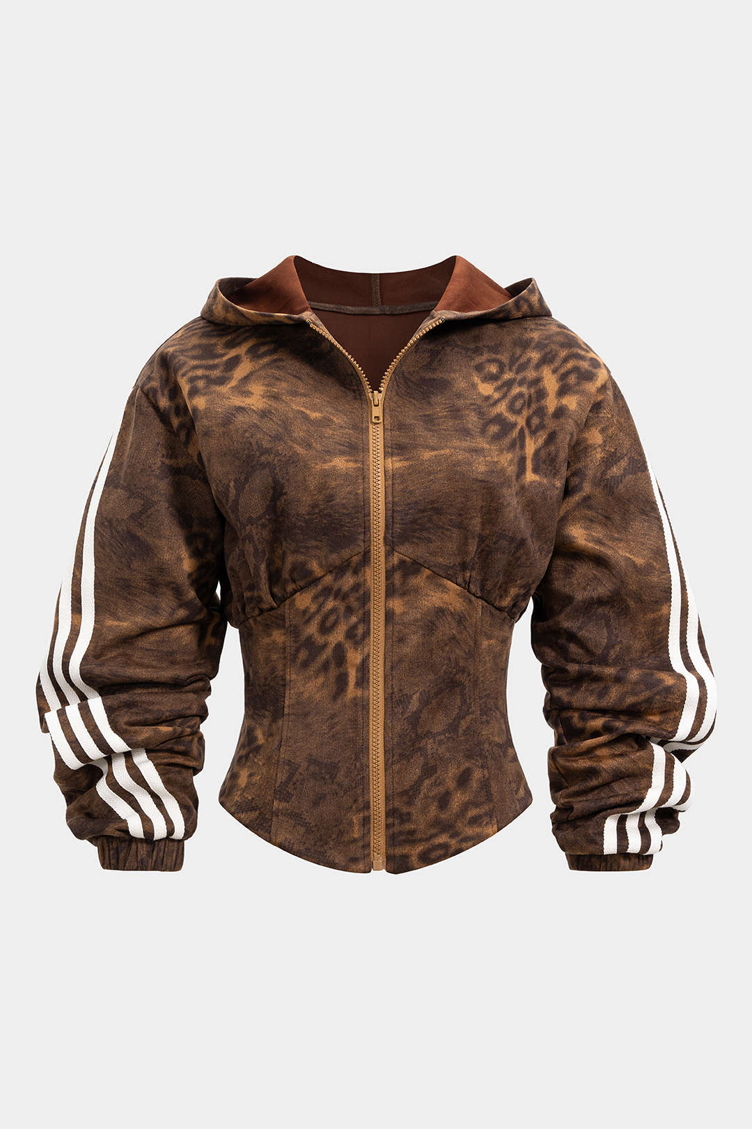 Leopard Stripes Print Zipper Waist-Cinching Long-Sleeve Hoodie - Weenar