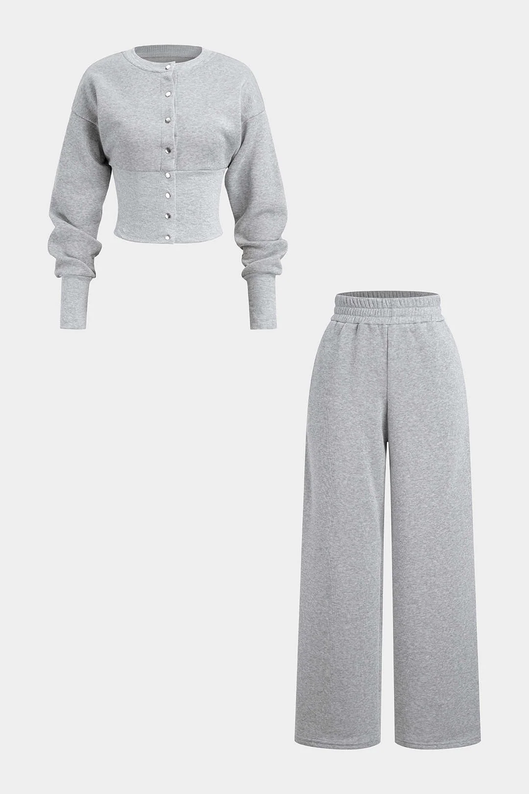 Solid Button Long-Sleeve Top And Shirred Waistband Pants Set - Weenar