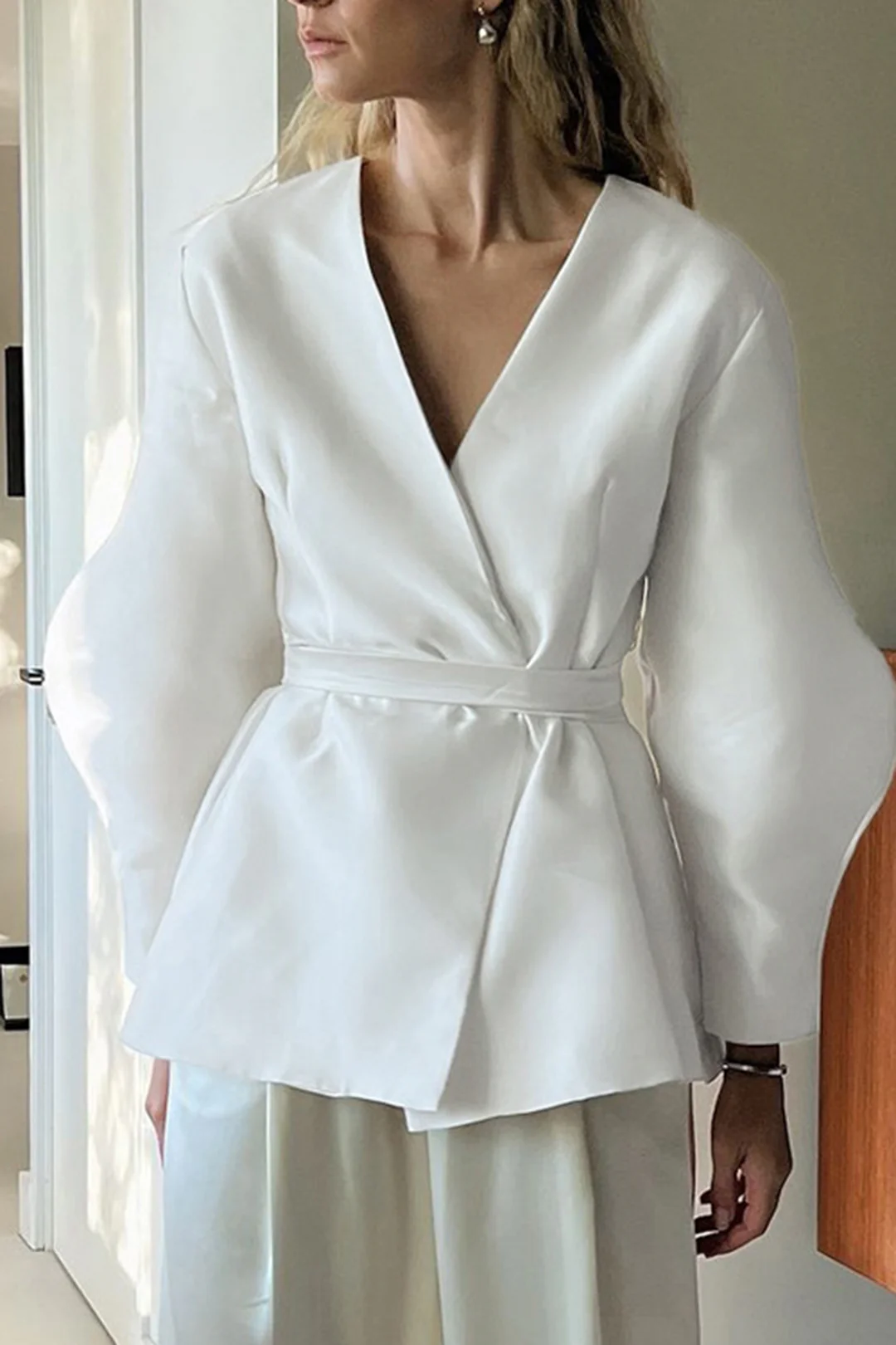 Solid V-Neck Tie Up Long-Sleeve Shirt - Weenar