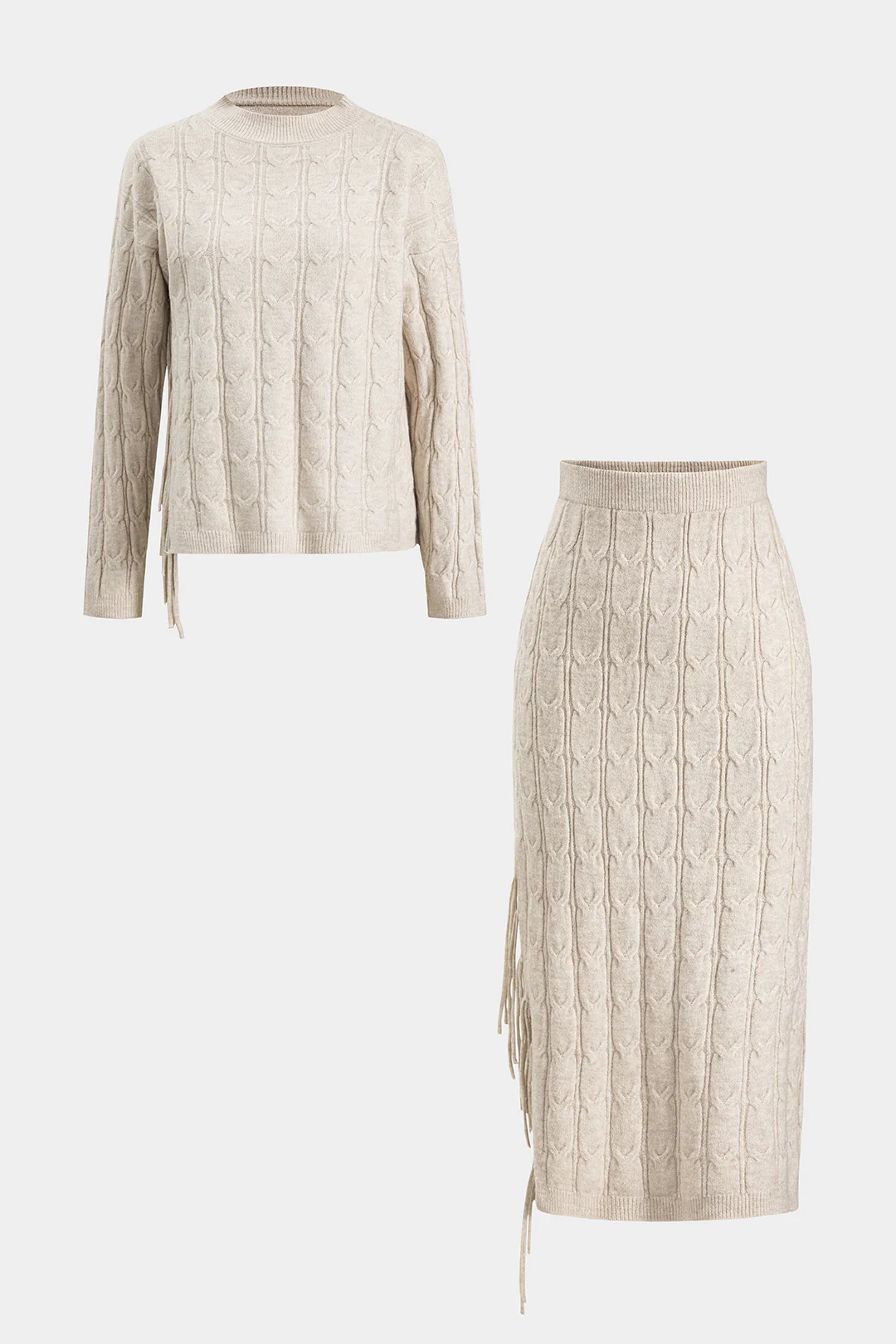 Cable Knit Fringe Long-Sleeve Top And Skirt Set - Weenar