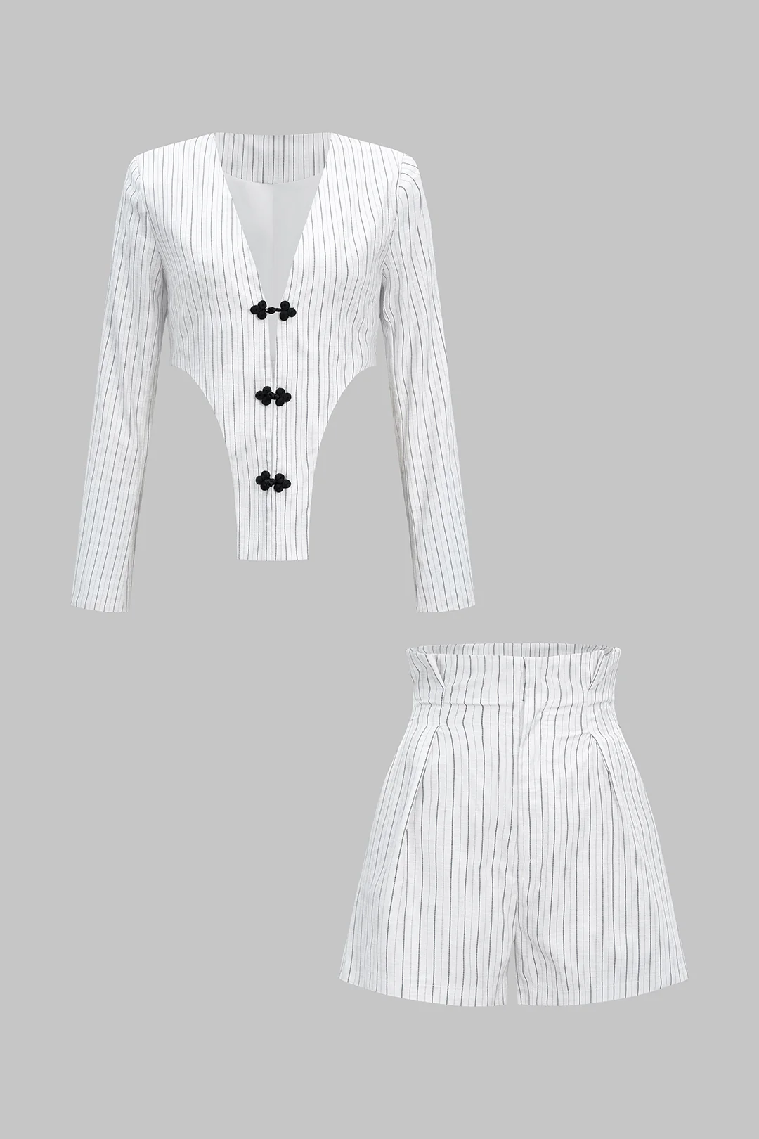 Stripes Deep V-Neck Long Sleeve Top And High Waist Shorts Set - Weenar