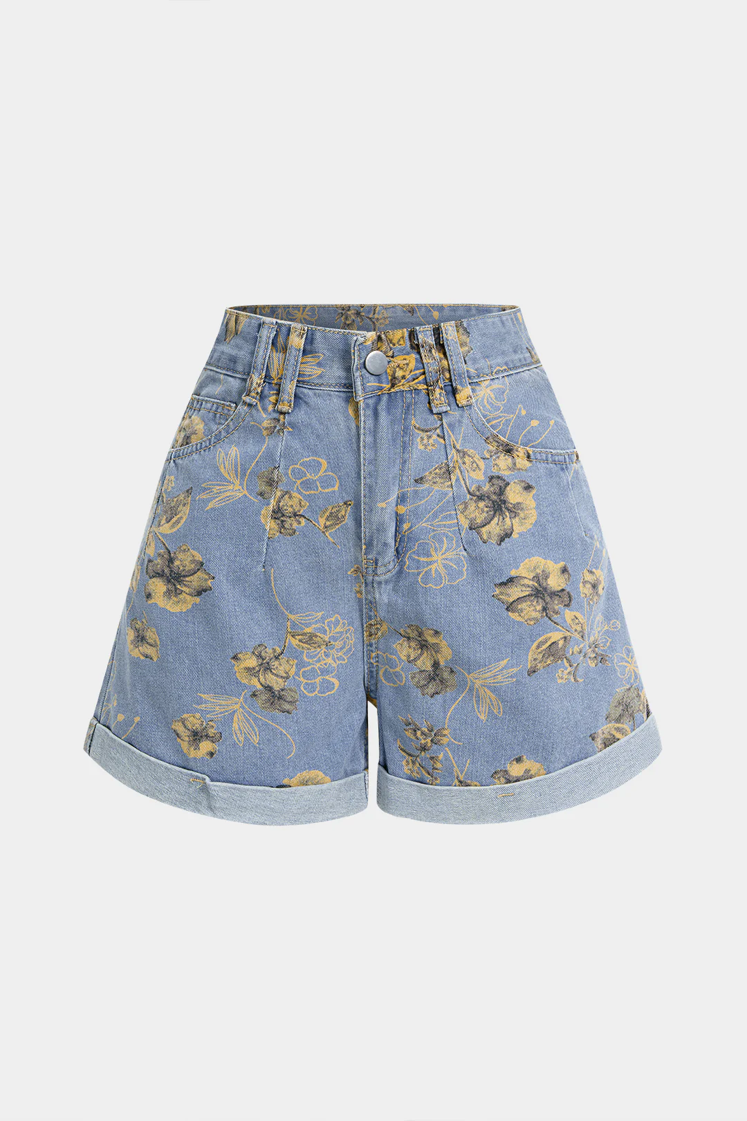 Denim Floral Print High Waist Shorts - Weenar