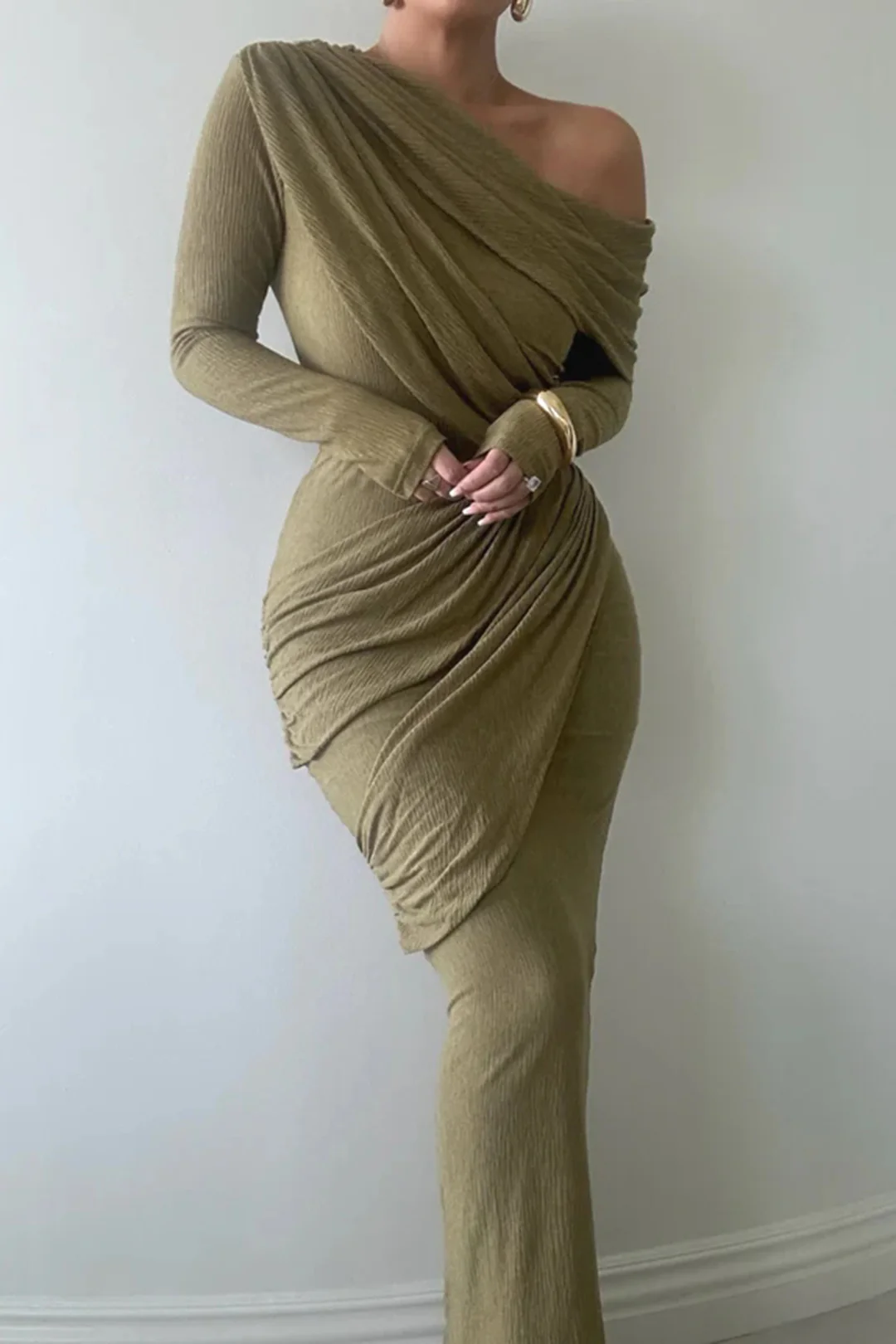 One Shoulder Ruched Long-Sleeve Top And Skirt Set - Weenar