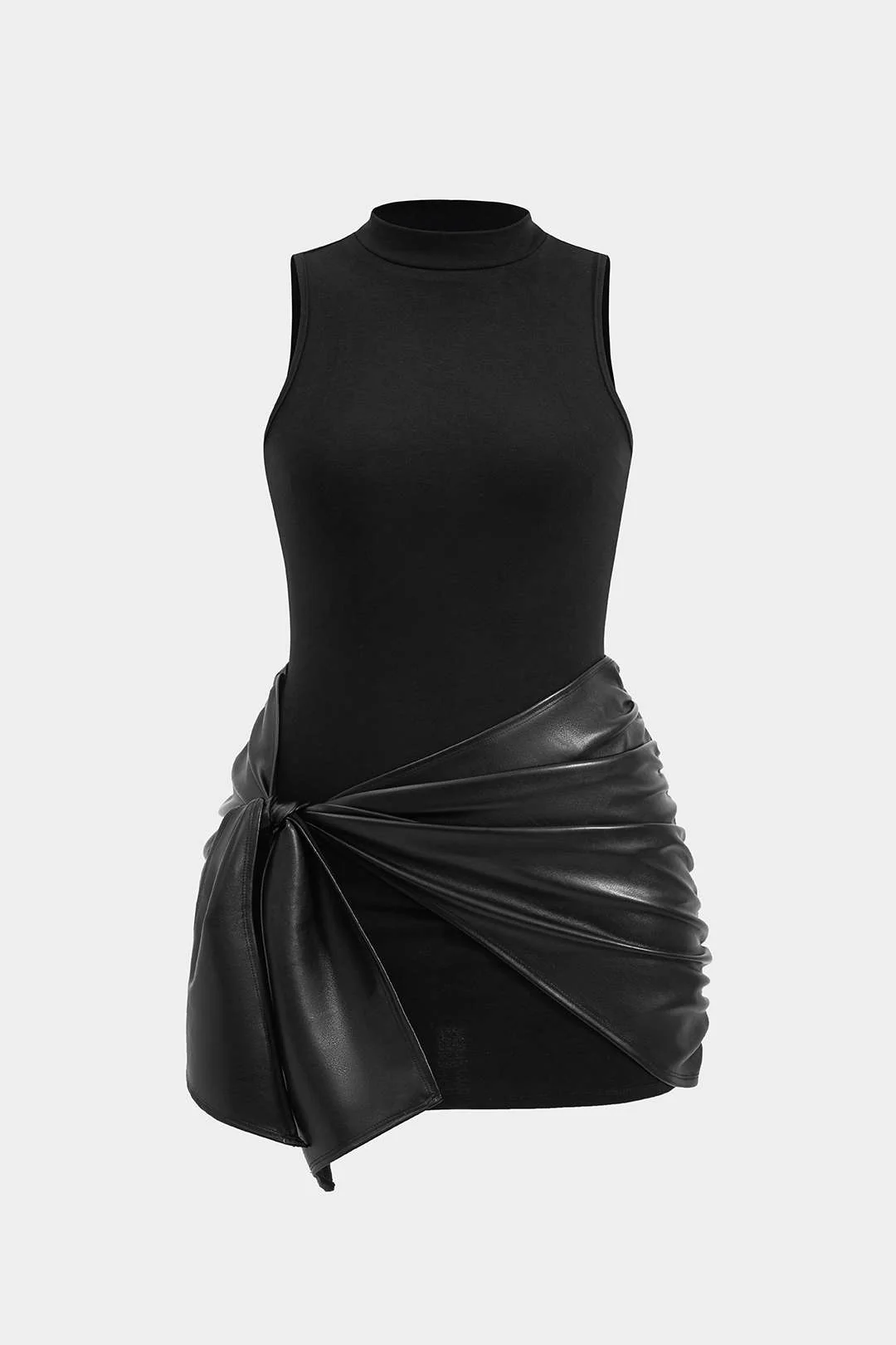 Plus Size Faux Leather Patchwork Tie Front Sleeveless Mini Dress - Weenar