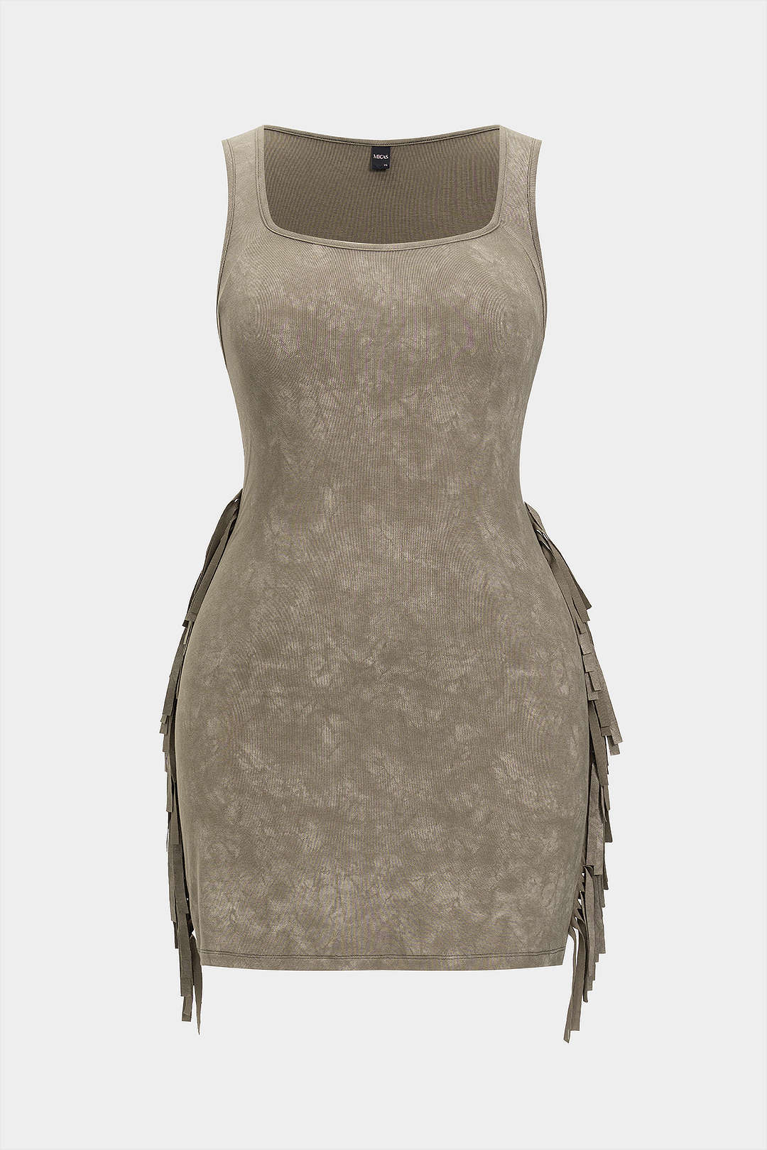 Plus Size Tie Dye Print Fringe Square Neck Sleeveless Mini Dress - Weenar