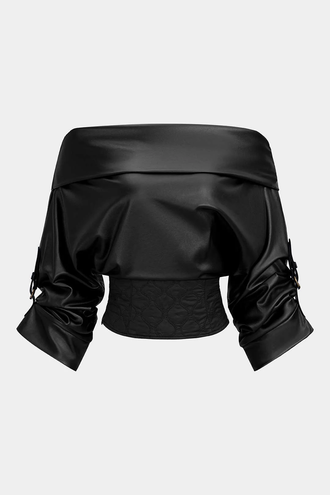 Faux Leather Quilted Patchwork Off Shoulder Long-Sleeve Shirt - Weenar