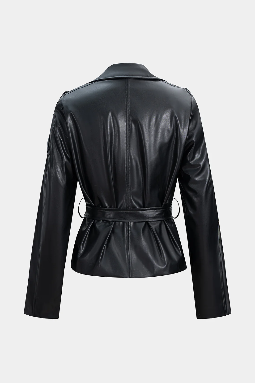 Faux Leather Button Tie-Front Pocket Jacket - Weenar