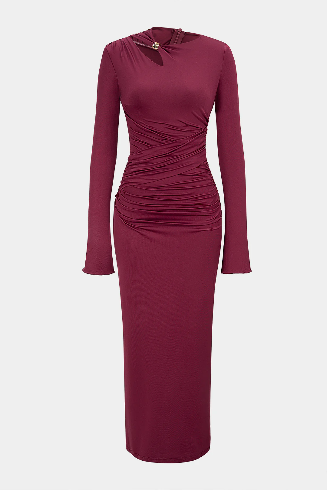 Asymmetrical Cut Out Ruched Long Sleeve Maxi Dress - Weenar