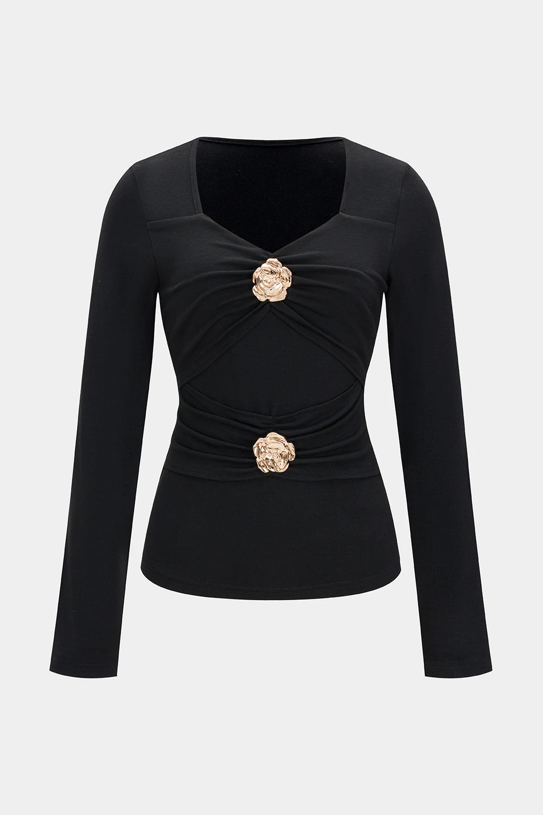 Metallic Decor Ruched Long-Sleeve Top - Weenar