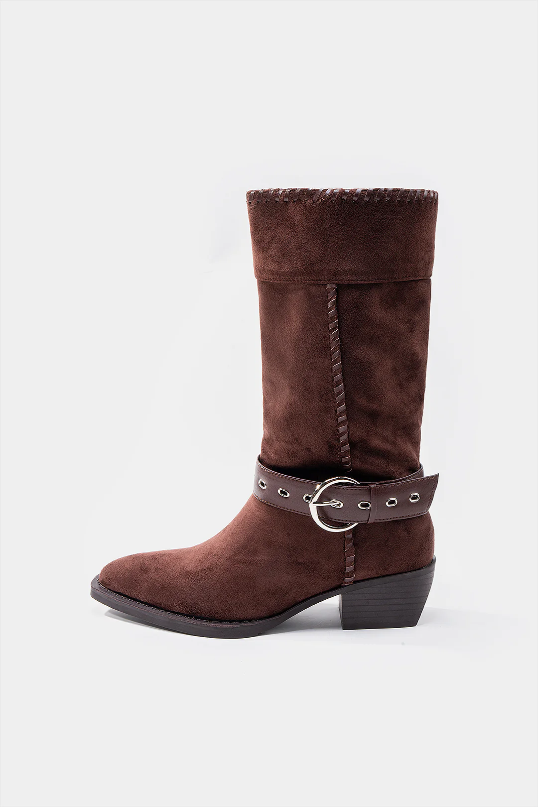 Suede Belted Buckle Pointed Mid Calf Boots - Weenar