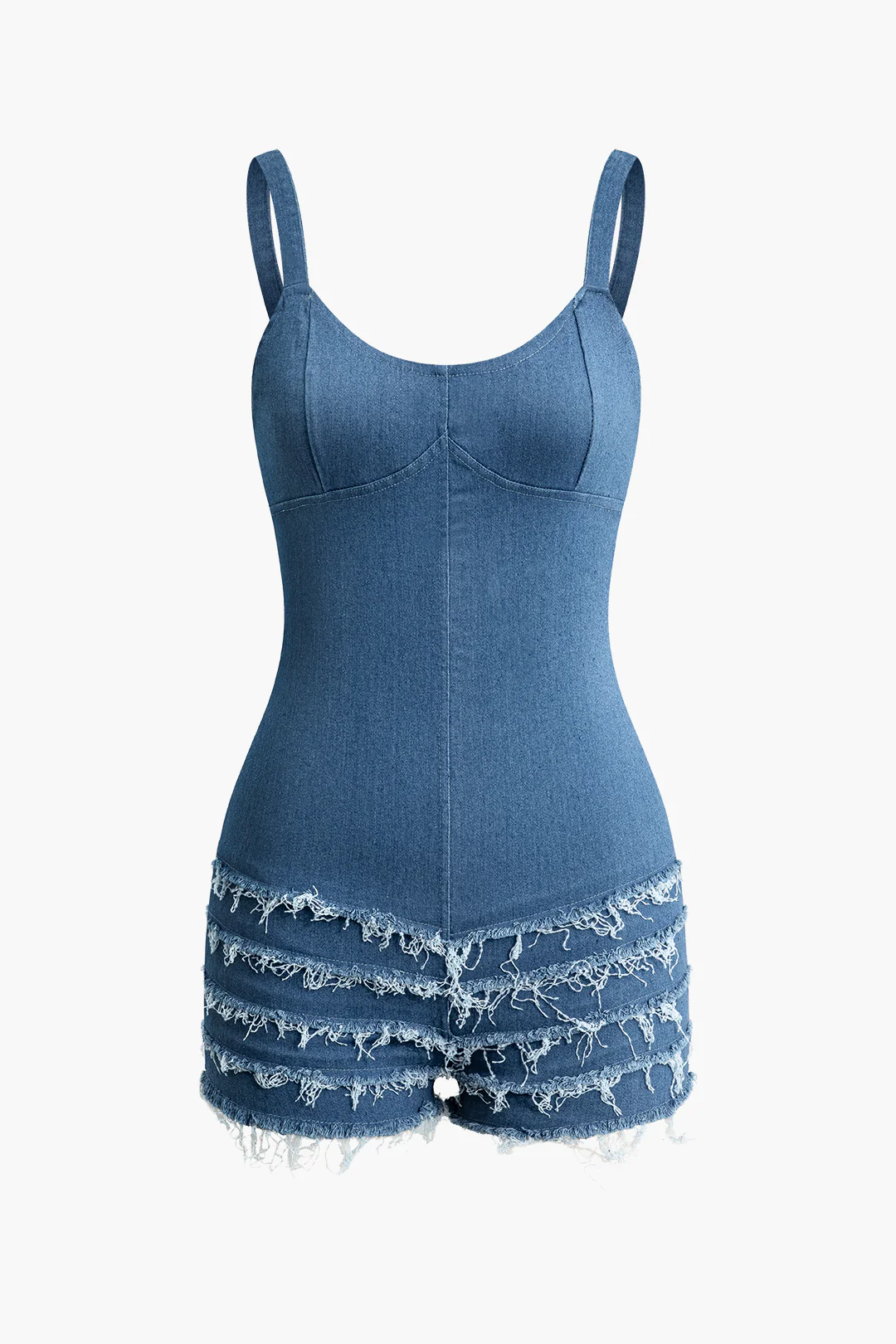 Denim Frayed Zipper Sleeveless Jumpsuit - Weenar